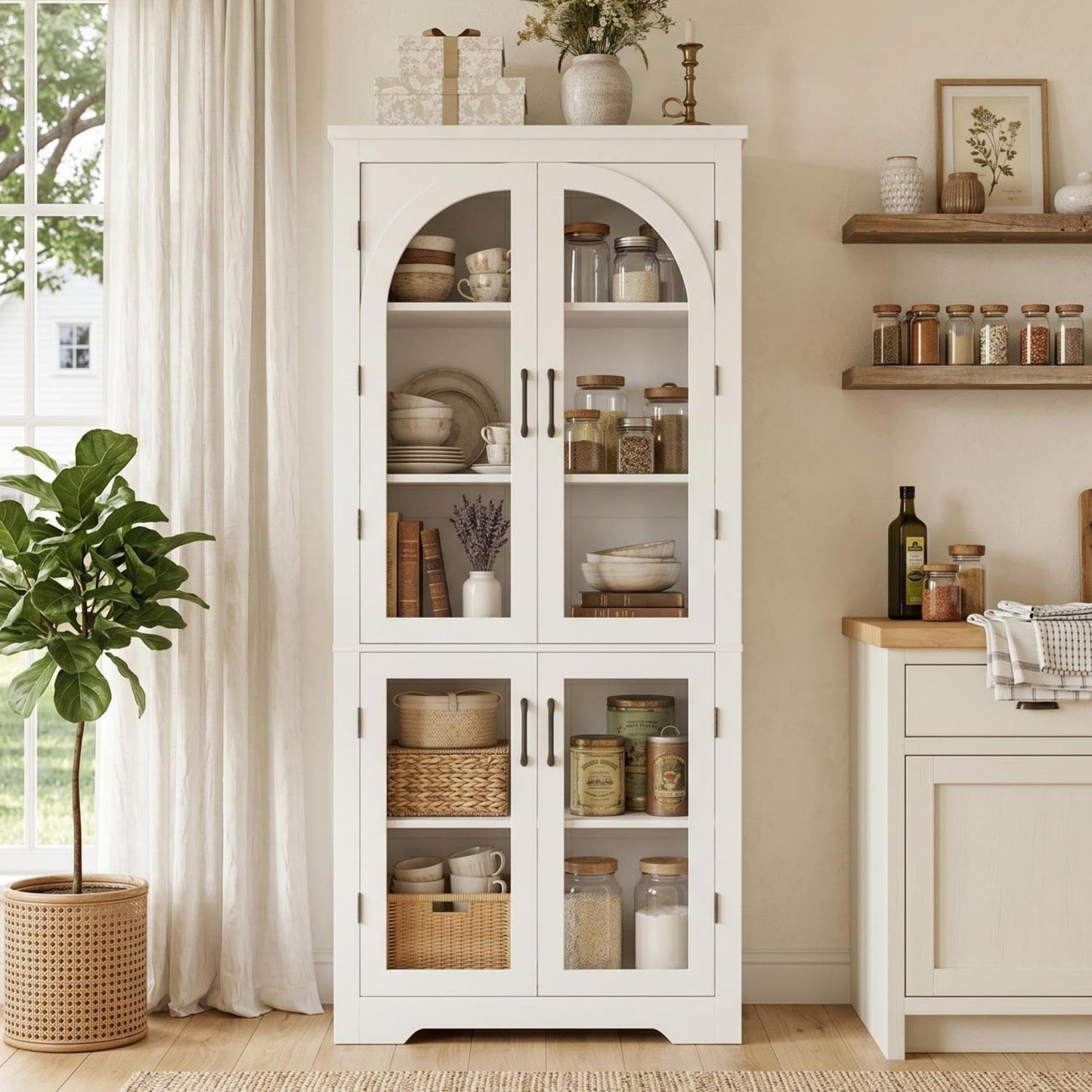 Garvee 70" Tall Kitchen Pantry Cabinet - Modern Display Cabinet with 4 Arched Glass Doors and Adjustable Shelves, Versatile Cupboard Organizers for Kitchen, Dining Room, Living Room, Bathroom, White