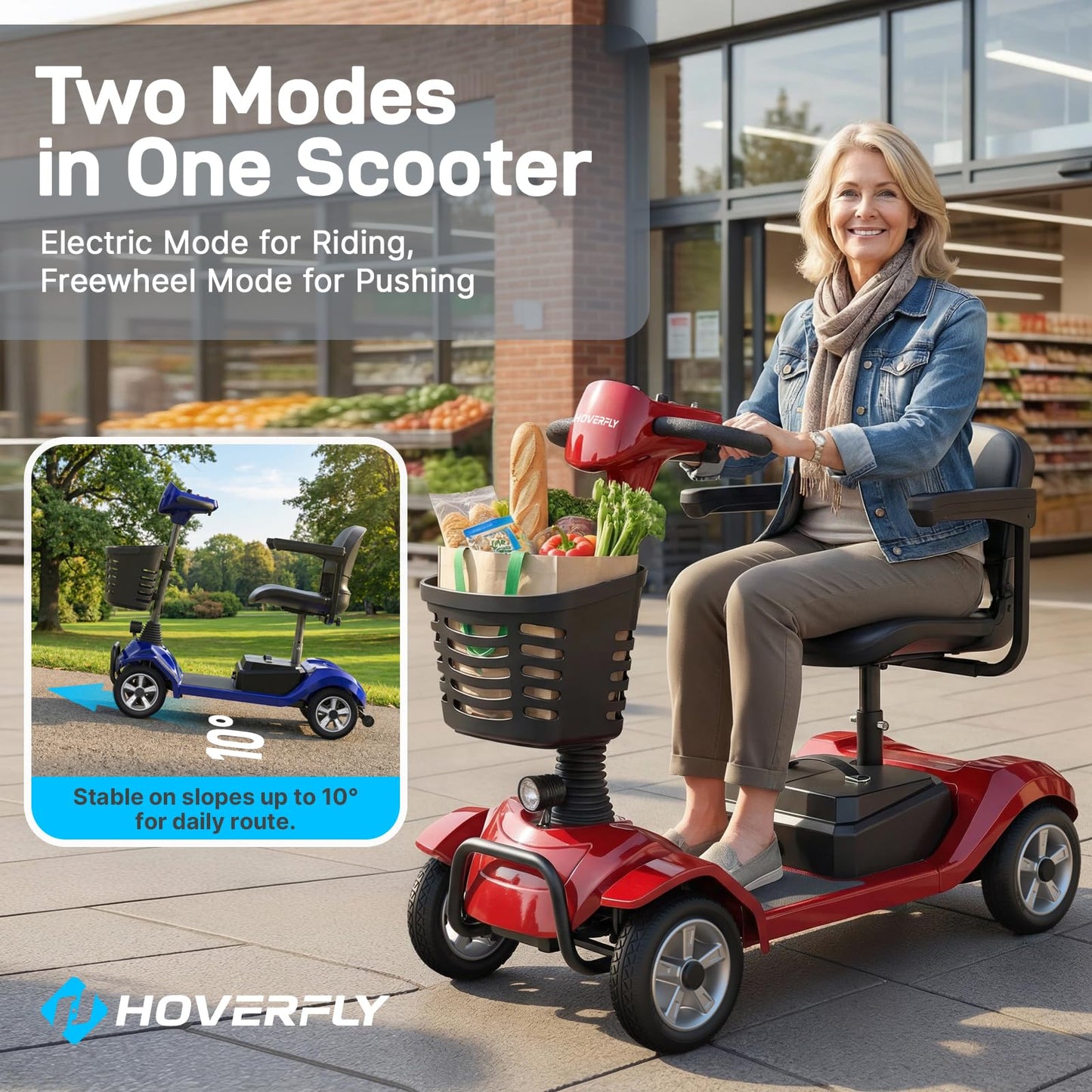 Hoverfly T4 Mobility Scooter for Seniors, Max 12.4-Mile Range & 3.7 mph, 3-Position Seat & Anti-slip Rear Wheel, Removed Battery&Quick Fold Design, Solid 9" Tire &330 lb Capacity, Ease of Assembly Red