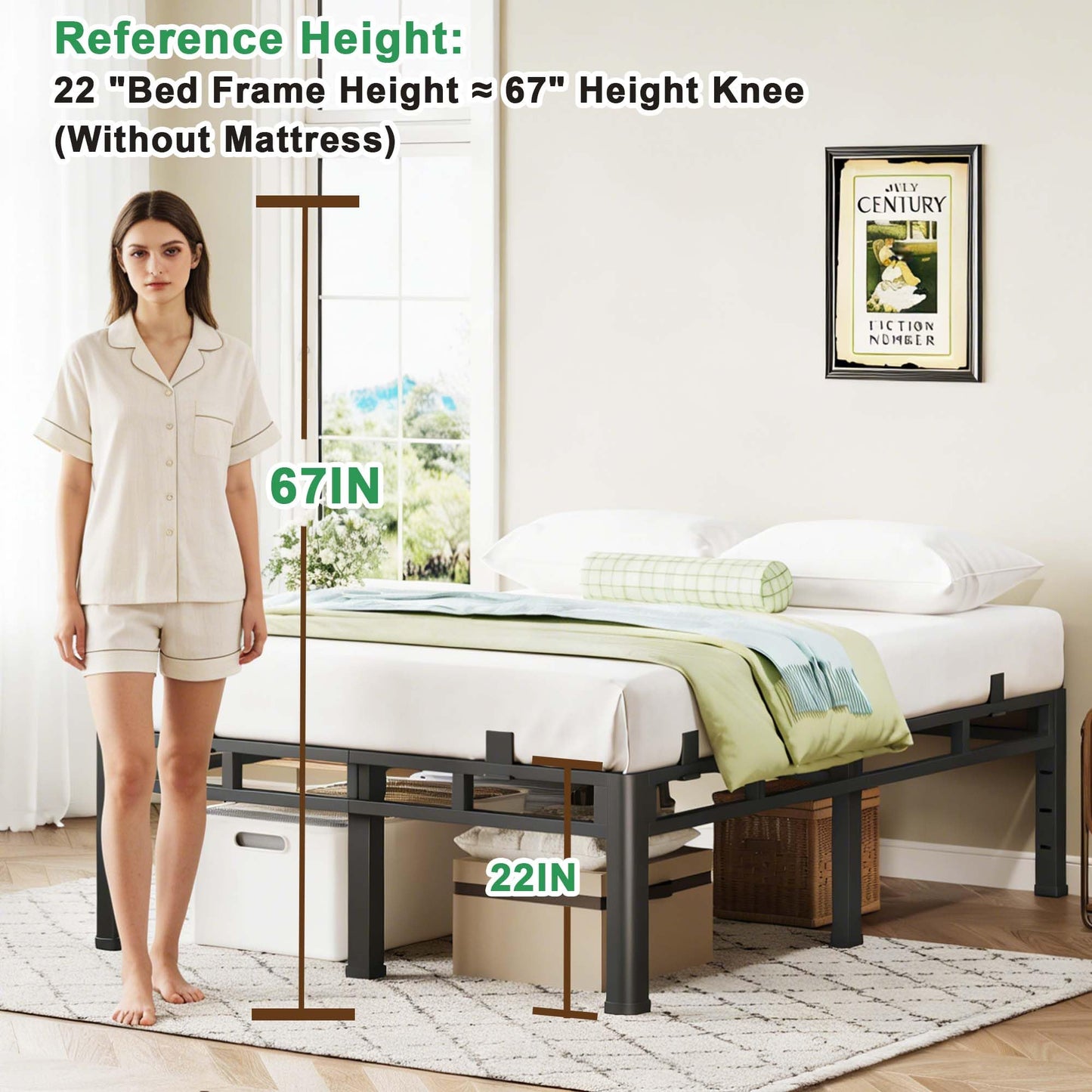 ROIL 22 Inch King Size Bed Frame, Metal Bed Frame & Box Spring 2 in 1 Platform with Round Corner Legs, 4000LBS Double Layer Bed Frame with Headboard Holes Mattress Baffles, Noise-Free Easy Assembly