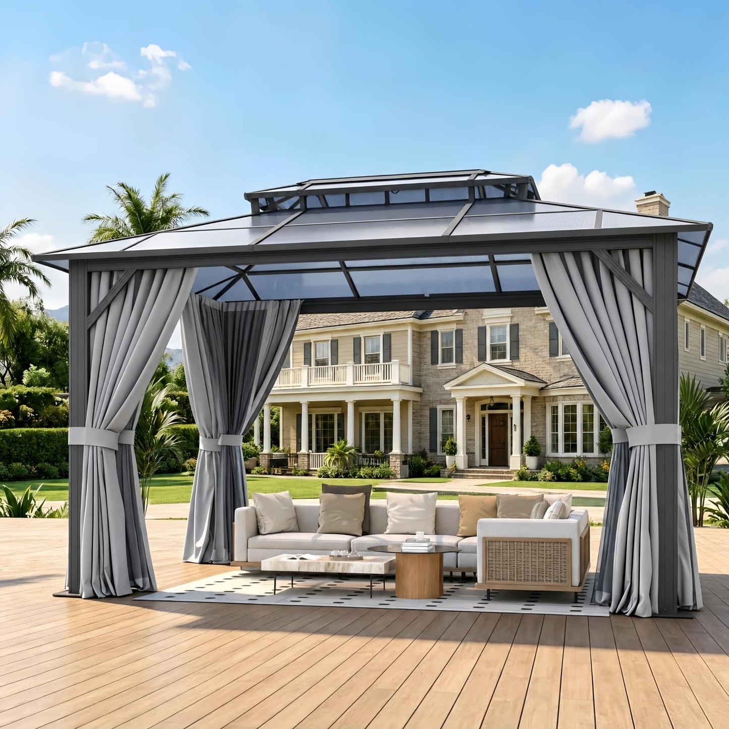 Breezestival 10'x12' Hardtop Gazebo Outdoor Permanent Gazebo with Double Polycarbonate Roof Canopy, Aluminum Frame Permanent Pavilion with Curtains and Netting for Patio,Garden,Lawns