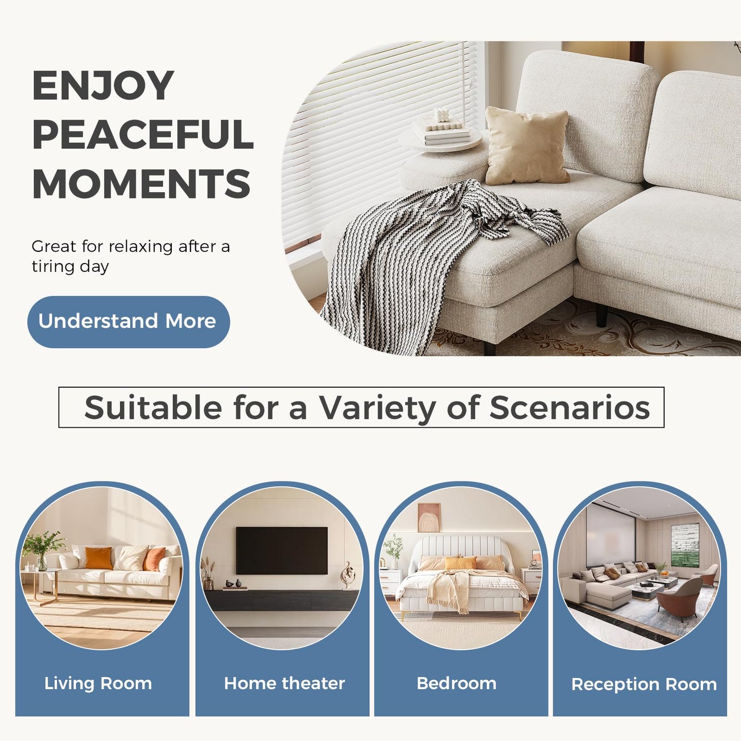 DUMOS Sectional Couches for Living Room, U Shaped Couch with Double Chaise Lounge, Modern Chenille Fabric 4-Seat Couch with Removable Pillows for Apartment/Small Space, Beige