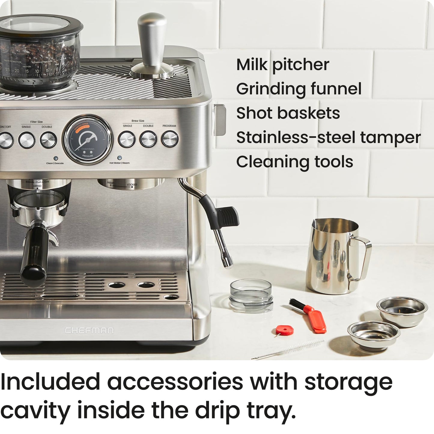 Chefman Crema Supreme 15 Bar Espresso Machine with Milk Frother, Barista Steam Wand, Professional Coffee Maker with Coffee Grinder, 30 Grind Settings, 3L Removable Water Tank - Stainless Steel