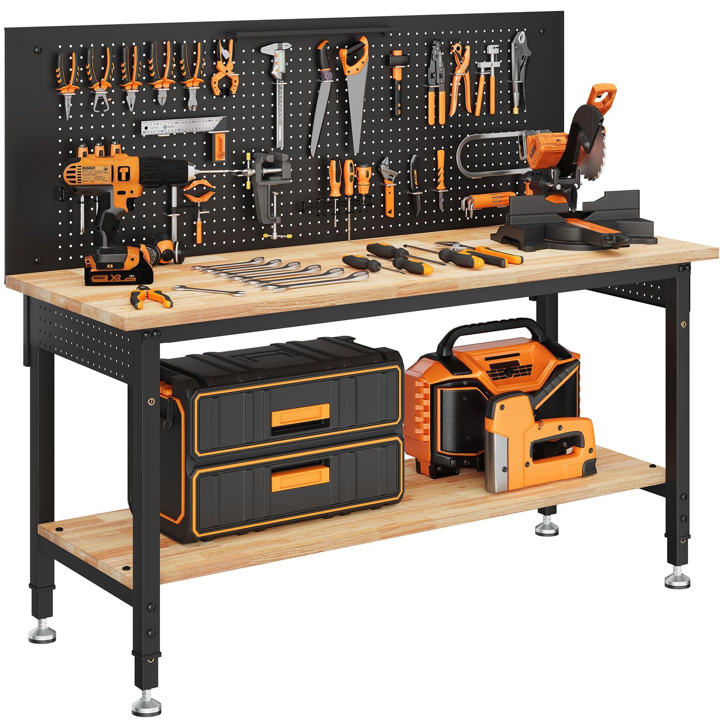 CAMMOO 60" Work Bench Adjustable Height with Storage Shelf, Max Load 2000 LBS Heavy Duty Rubberwood Tabletop with Pegboard, LED Light, Built-in Power Strip for Woodworking Shop, Garage, Home