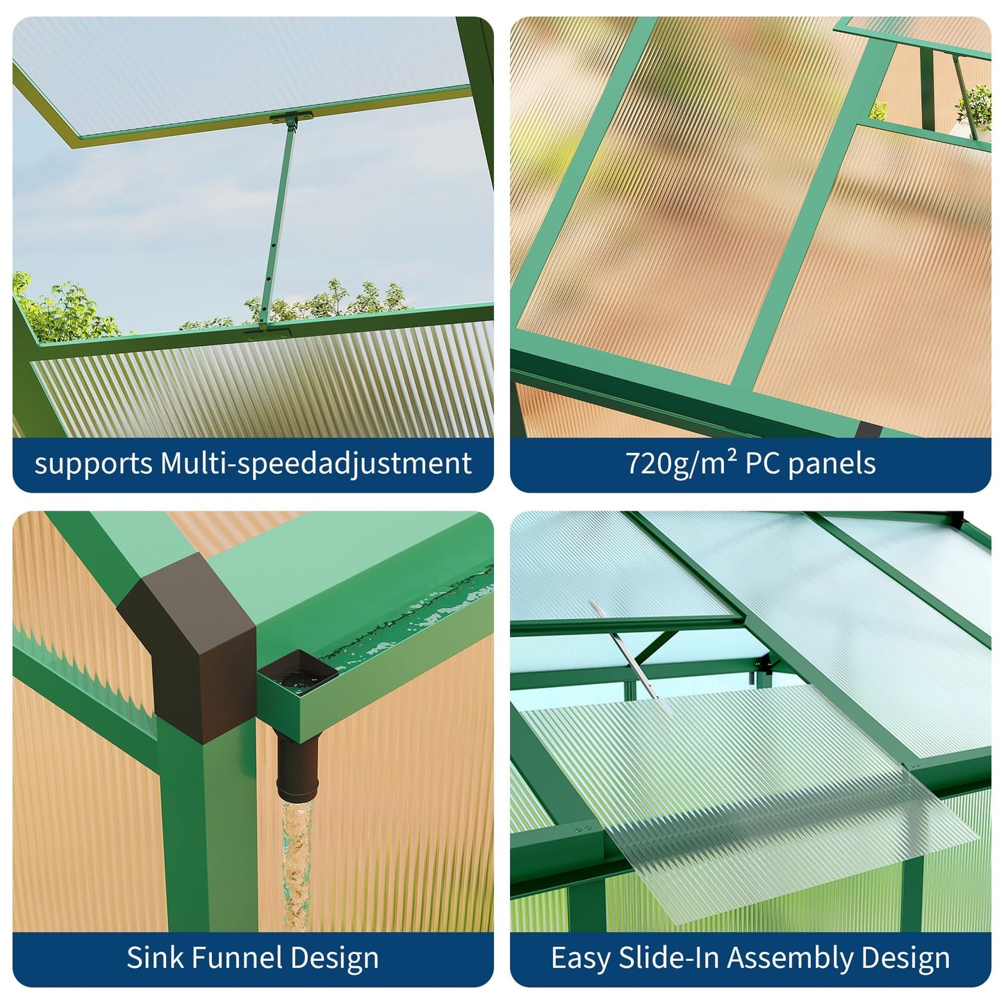 8 x 12 FT Greenhouse, Outdoor Sliding Door, Polycarbonate Greenhouse with Aluminum Frame, Lockable Door and Ajustable Roof Vent for Backyard, Outside Garden Backyard, Patio, Green
