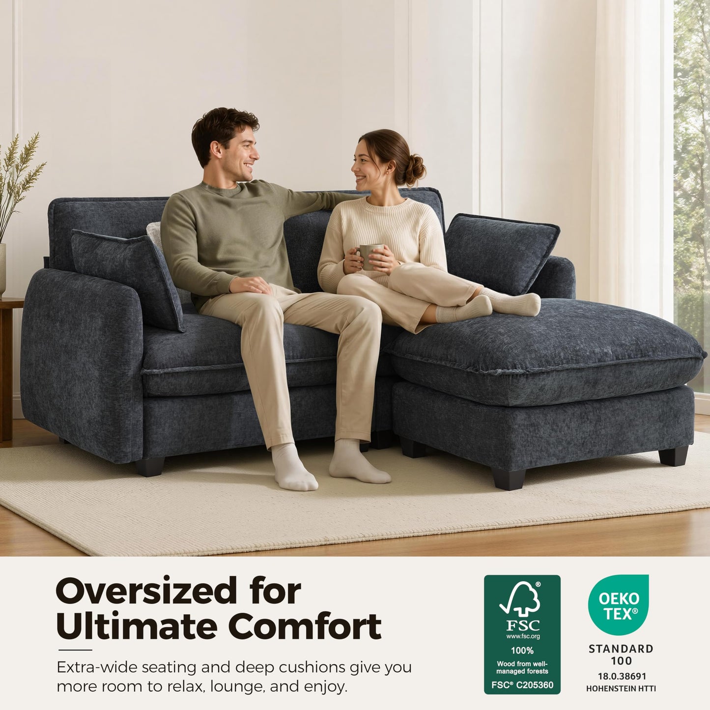 MCombo 82" Oversized Cloud Sectional Couch, Sectional Sofa with FSC Certified, Loveseat Couch with Ottoman for Living Room, Chenille S0701 (Black)