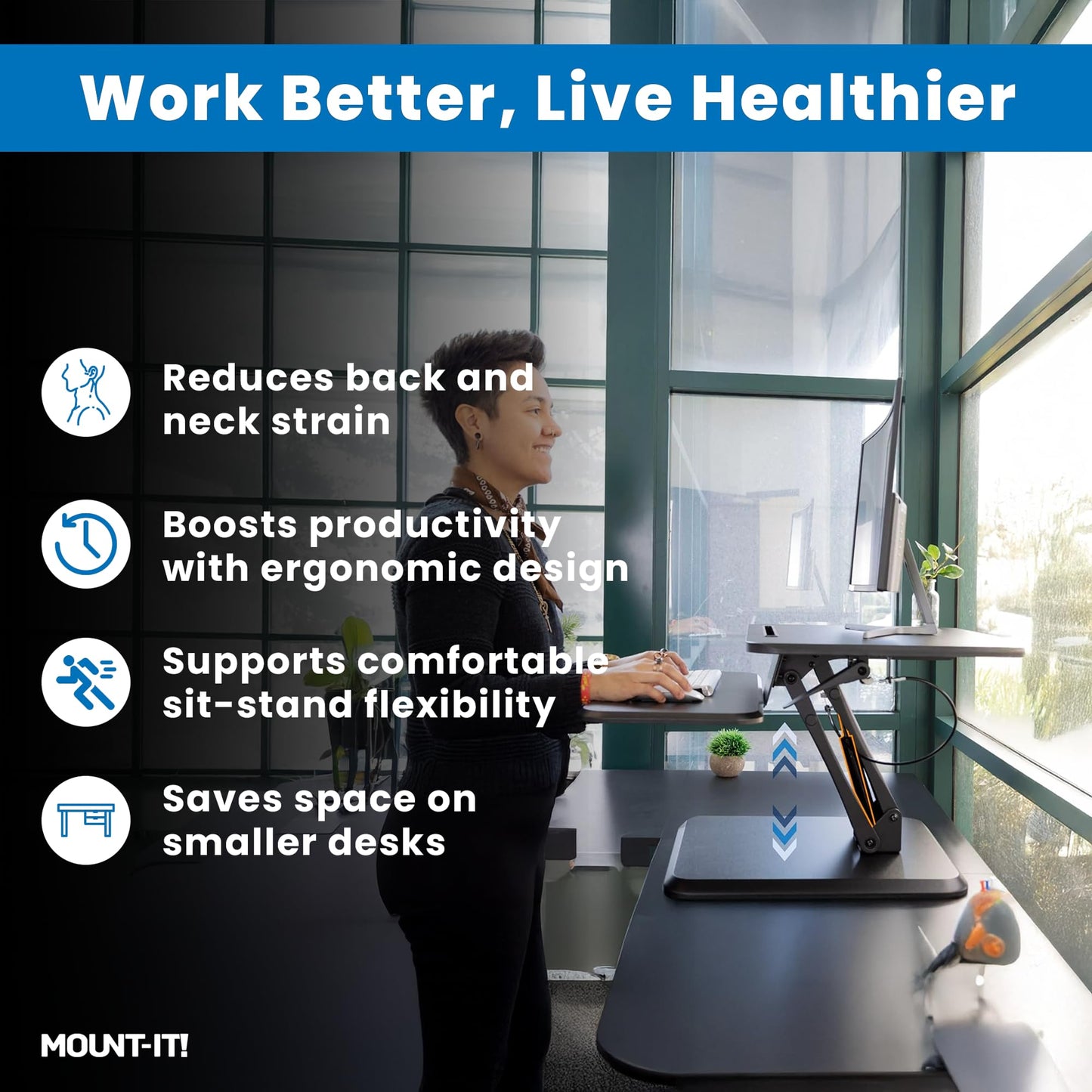 Mount-It! Standing Desk Converter, Compact 25" Sit Stand Desk Riser with Gas Spring Lift, Adjustable Height Desktop Riser for Laptop, Monitor, and Keyboard, Small Home Office Desk Converter