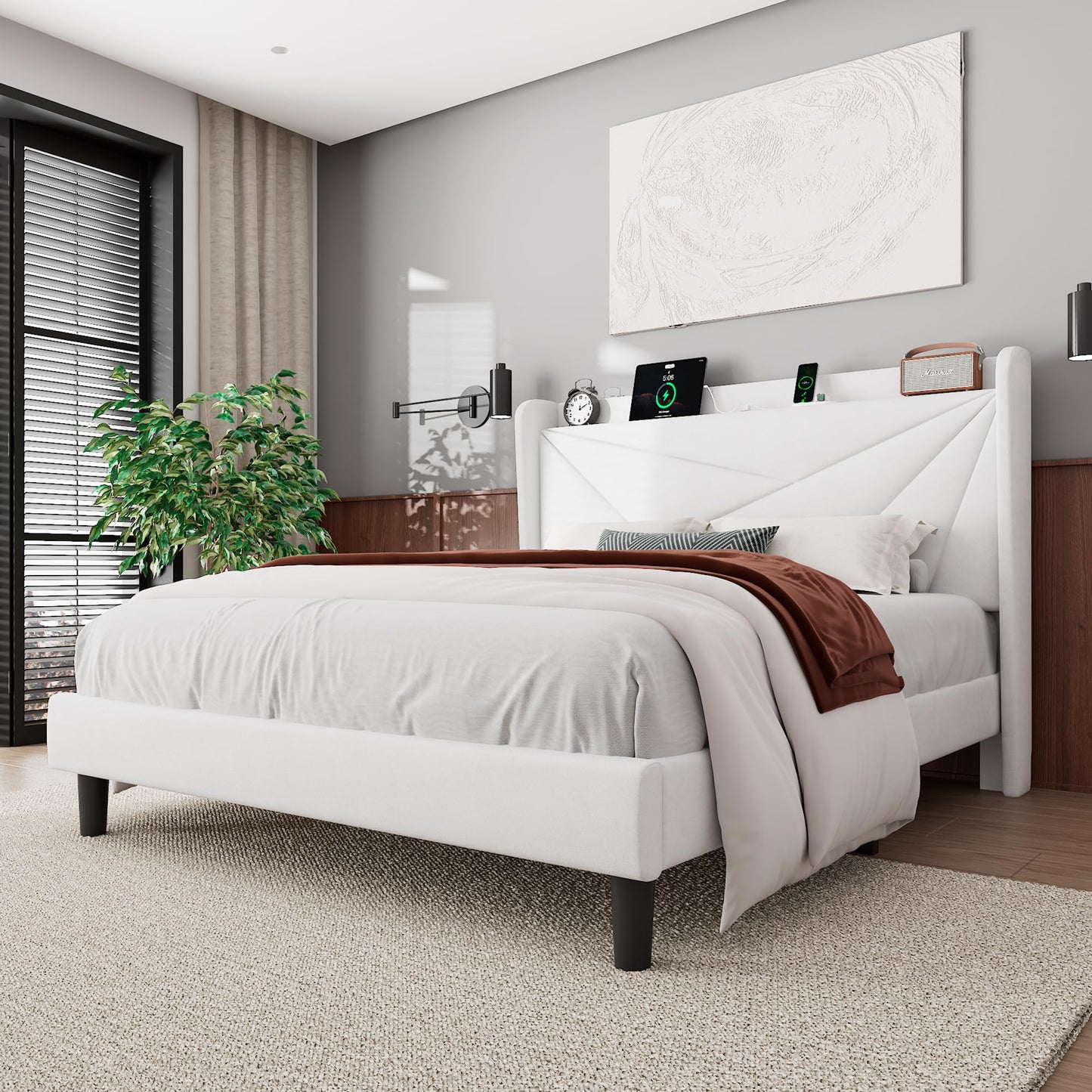 Feonase Queen Size Bed Frame with Charging Station, Velvet Upholstered Platform Bed Frame with Wingback Storage Headboard, Solid Wood Slats Support, No Box Spring Needed, Noise Free, White