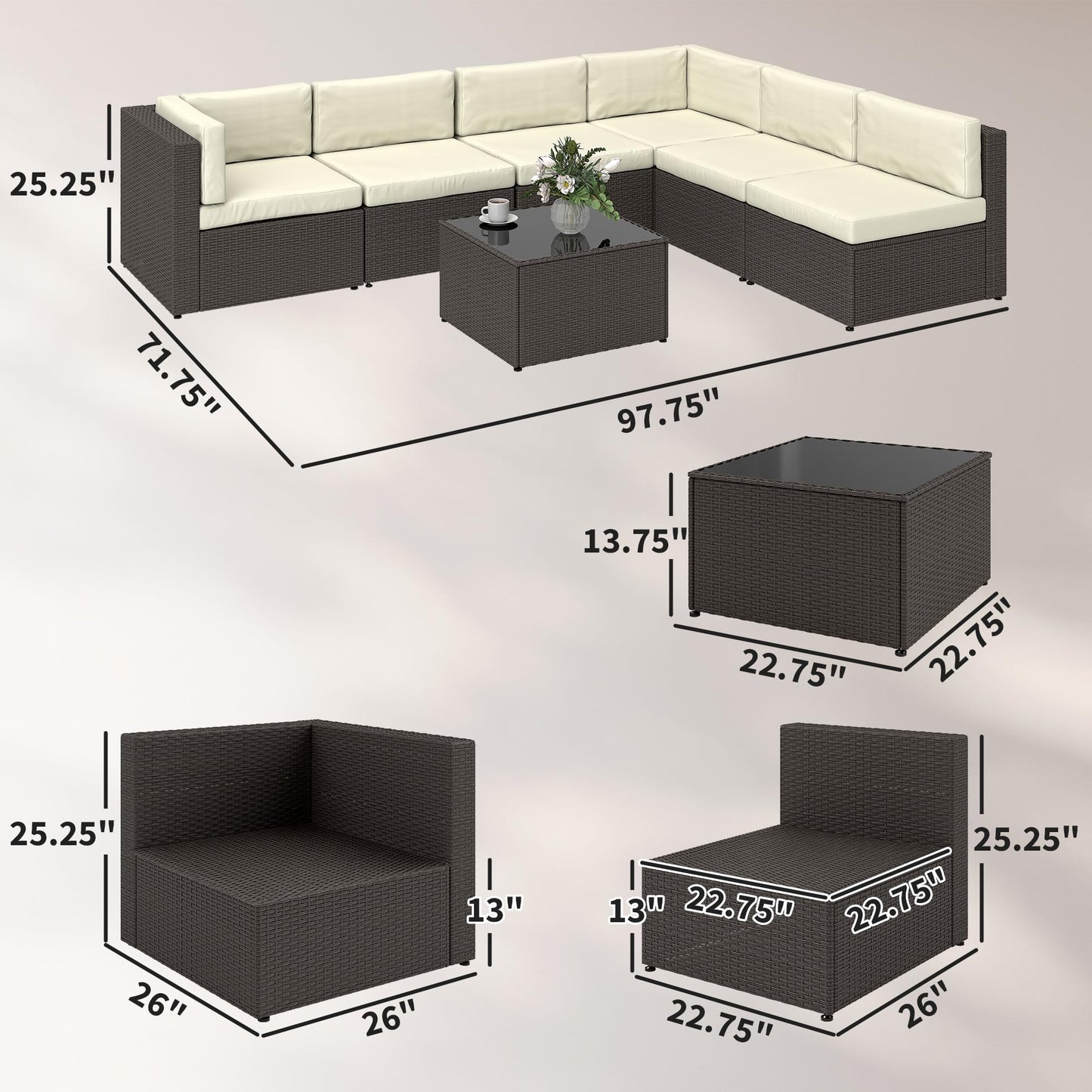 Outsunny 7 Piece Patio Furniture Set, Wicker Outdoor Sectional Sofa Set, All Weather PE Rattan Outdoor Furniture Conversation Sets with Cushions, Glass Top Coffee Table, Cream White