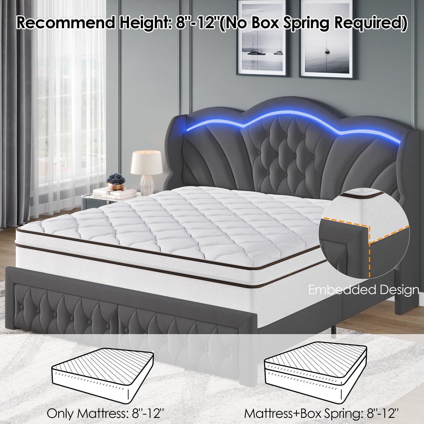 Keyluv Queen Bed Frame with LED Lights and 2 Storage Drawers, Velvet Upholstered Platform with 47" Tall Arc-Shaped Wingback Headboard and Button Tufted Design, No Box Spring Needed, Noise-Free, Gray