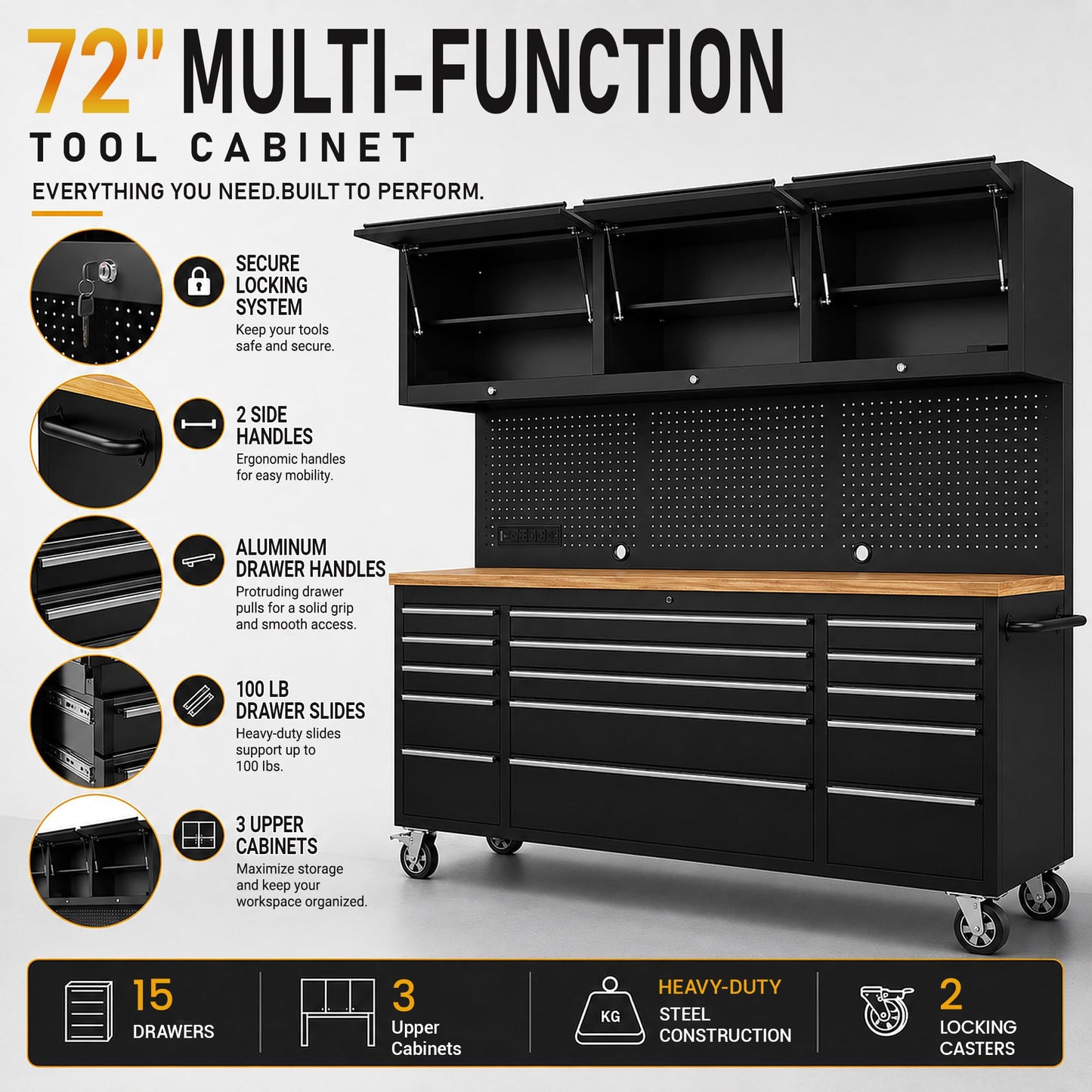 CHETTO C 72-inch Rolling Tool Chest Cabinet Mobile Workbench with 15 Storage Drawers and Wheels 3 Uper Cabinet Outlet SS Pegboard Black Tool Box for Garage