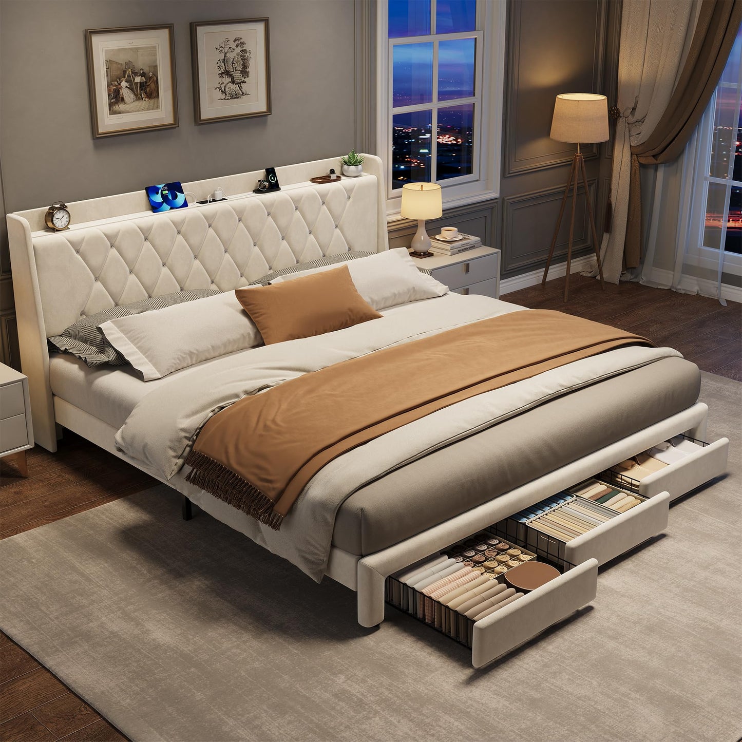 Garvee King Size Bed Frame with Storage, Velvet Upholstered Platform Bed Frame with Crystal Tufted Headboard, Charging Station, 3 Drawers, No Box Spring Needed, Noise-Free,for Bedroom, Ivory