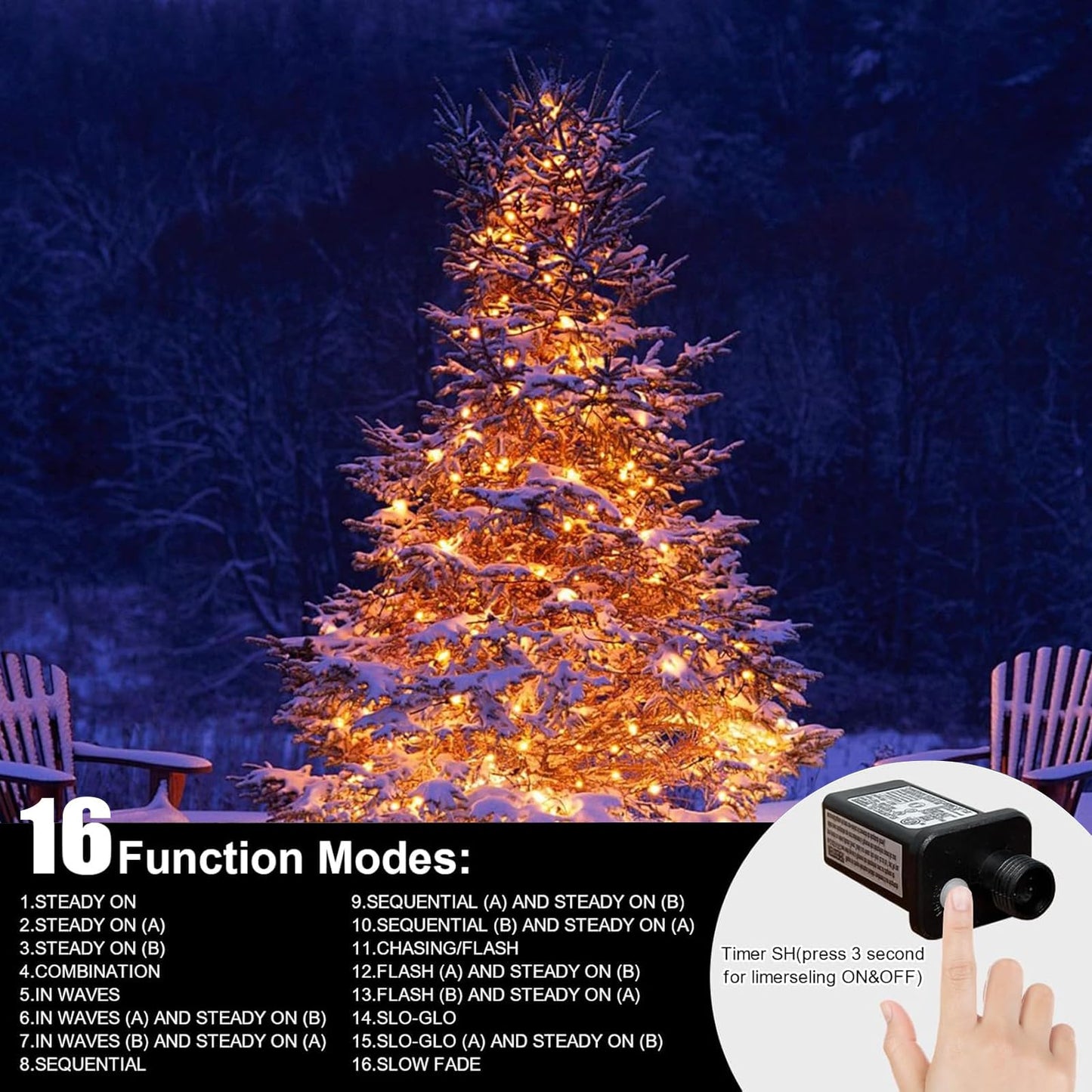 LAMPHOME 66ft Golden Christmas Mini Lights, 200 LED, Copper Wire, 11 Modes, Indoor/Outdoor, Yellow, Model YHLL-100F