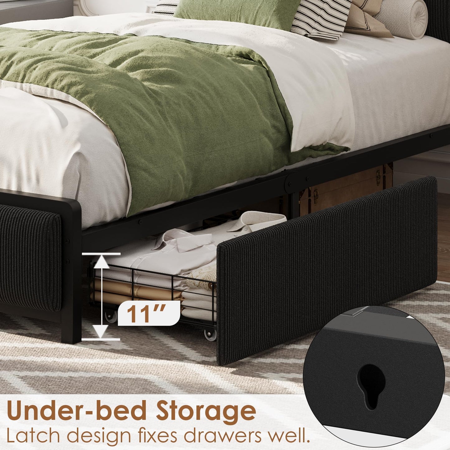 Garvee Twin Size Bed Frame with 2 Storage Drawers and Charging Station, Rustic Linen Upholstered Platform Bedframe with Storage Headboard, No Box Spring Needed, Easy Assembly, Noise Free-Black