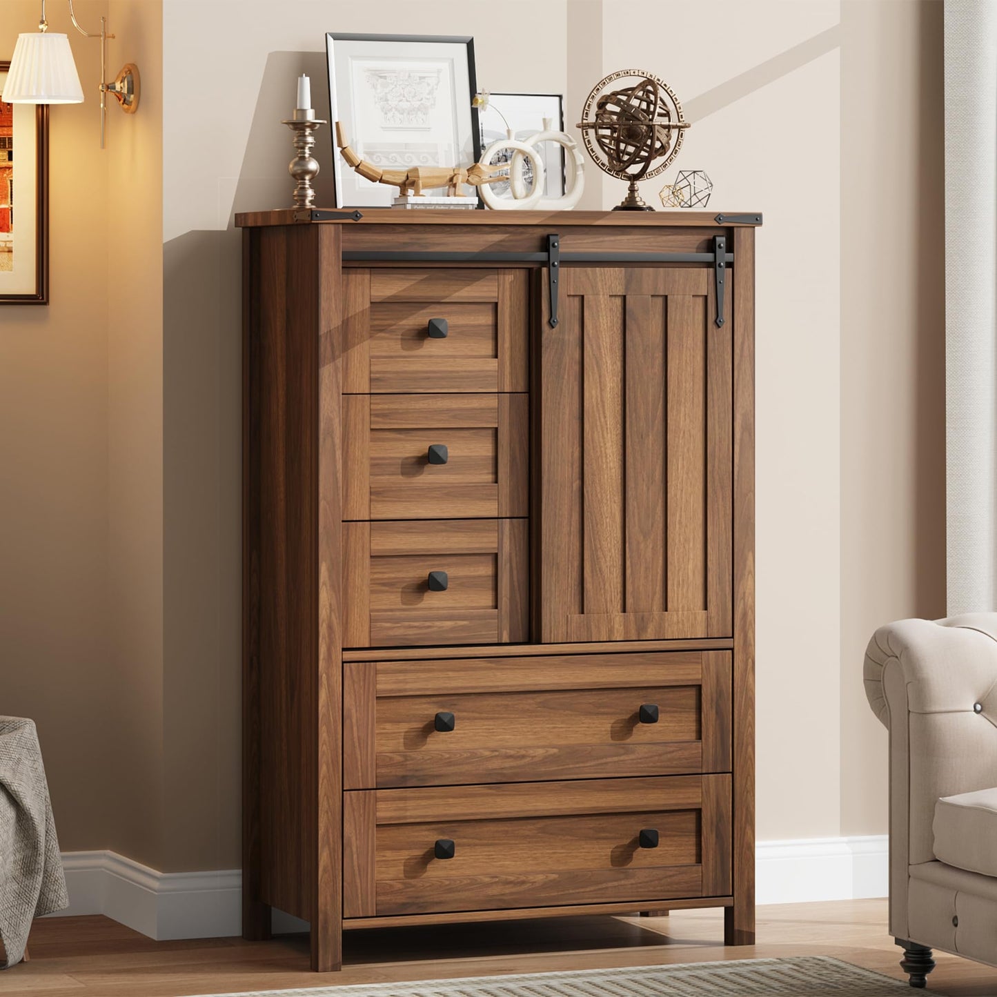 GarveeHome Farmhouse 5 Drawer Dresser for Bedroom, 48" Tall Wood Dressers Chest of Drawer with Sliding Barn Door, Adjustable Shelf, Storage Organizer for Bedroom, Hallway, Living Room, Kitchen, Walnut