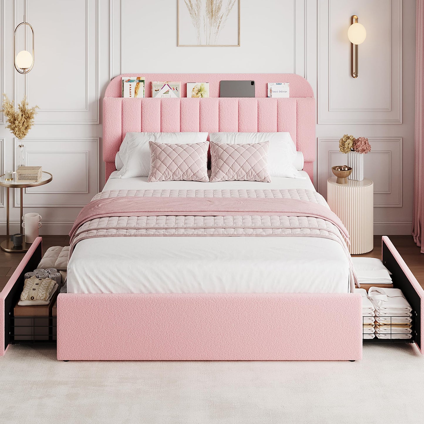 GarveeHome Queen Bed Frame with Storage Headboard, Girls Bed Frame with 2 Drawers, Boucle Upholstered Platform Bed with Bookcase, No Box Spring Needed, Easy Assembly, Light Pink