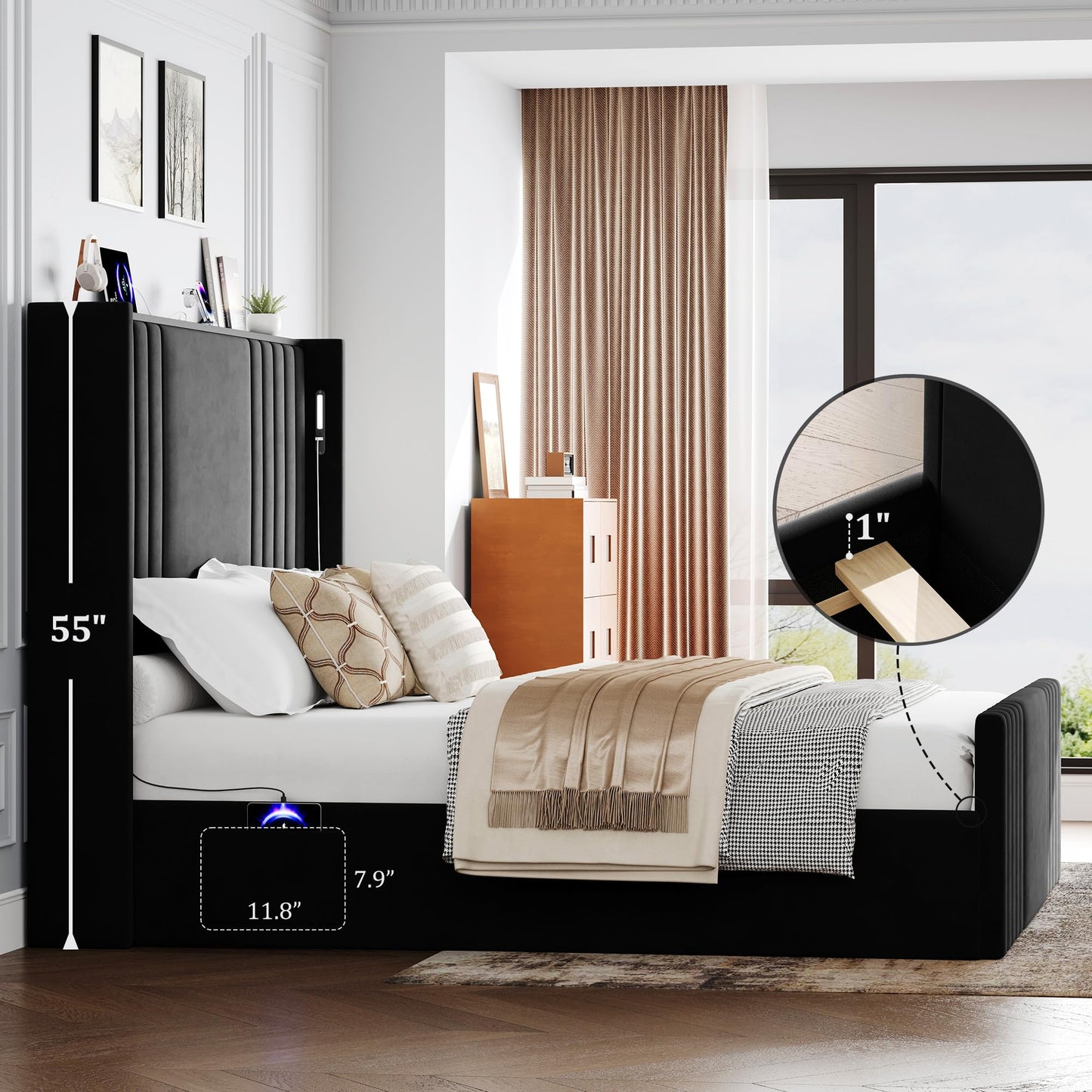 Uteeran Queen Bed Frame with 55.1" Tall Headboard, Velvet Upholstered Platform Bed with Channel Tufted Wingback, 2 Reading Lights/Storage Shelf/Charging Station/Easy Assembly/Noise-Free, Black