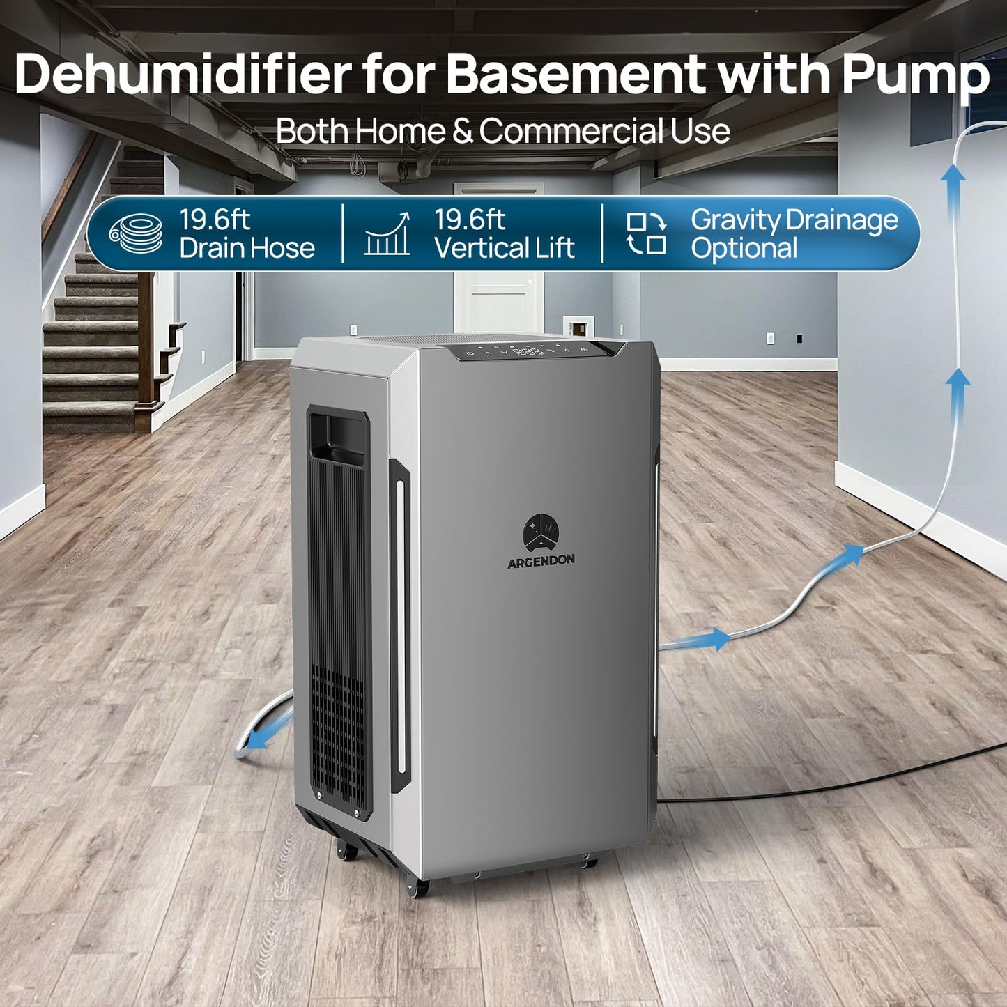 ARGENDON 120 PPD Dehumidifier for Basement, Commercial Dehumidifier with Pump and Drain Hose - High-Capacity Moisture and Humidity Control for Homes, Industrial Use, and Large Space, Sandidry Pro 55C