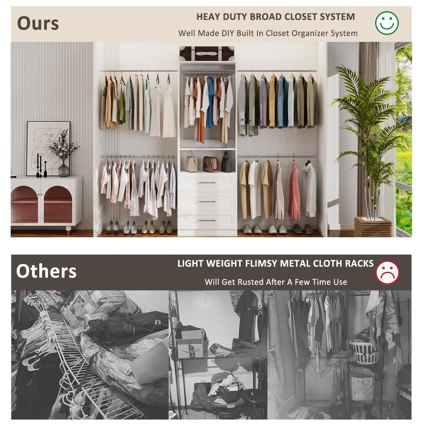 Secilix 5–9FT Closet System with 3 Wood Drawers, Closet Organizer System with 5 Expandable Hanging Rods, Walk-in Closet System with Shelves, Wall Mounted Built-in Closet Organization System