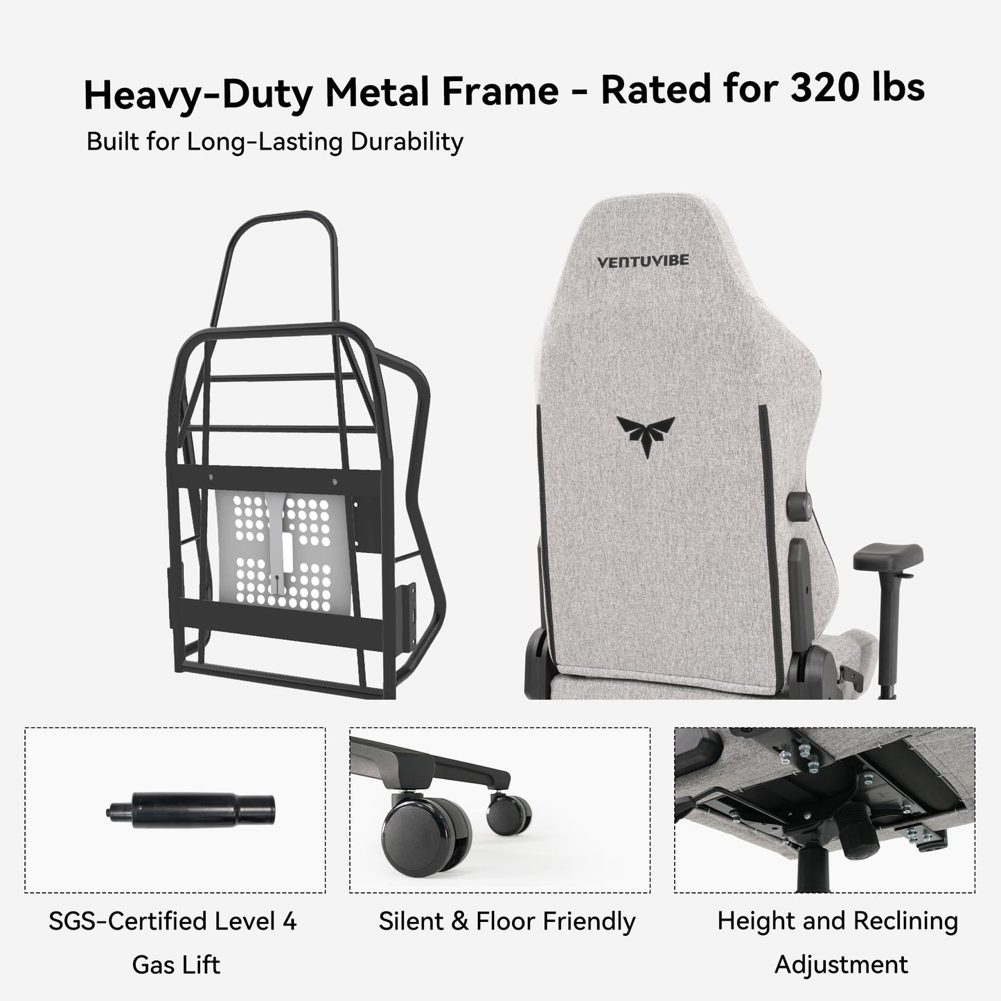 VENTUVIBE Gaming Chair - High Back Ergonomic Computer Chair with Lumbar Support, Video Game Chair-4D Adjustable Armrests,170° Reclining & 320lb Capacity,Fabric,Gray