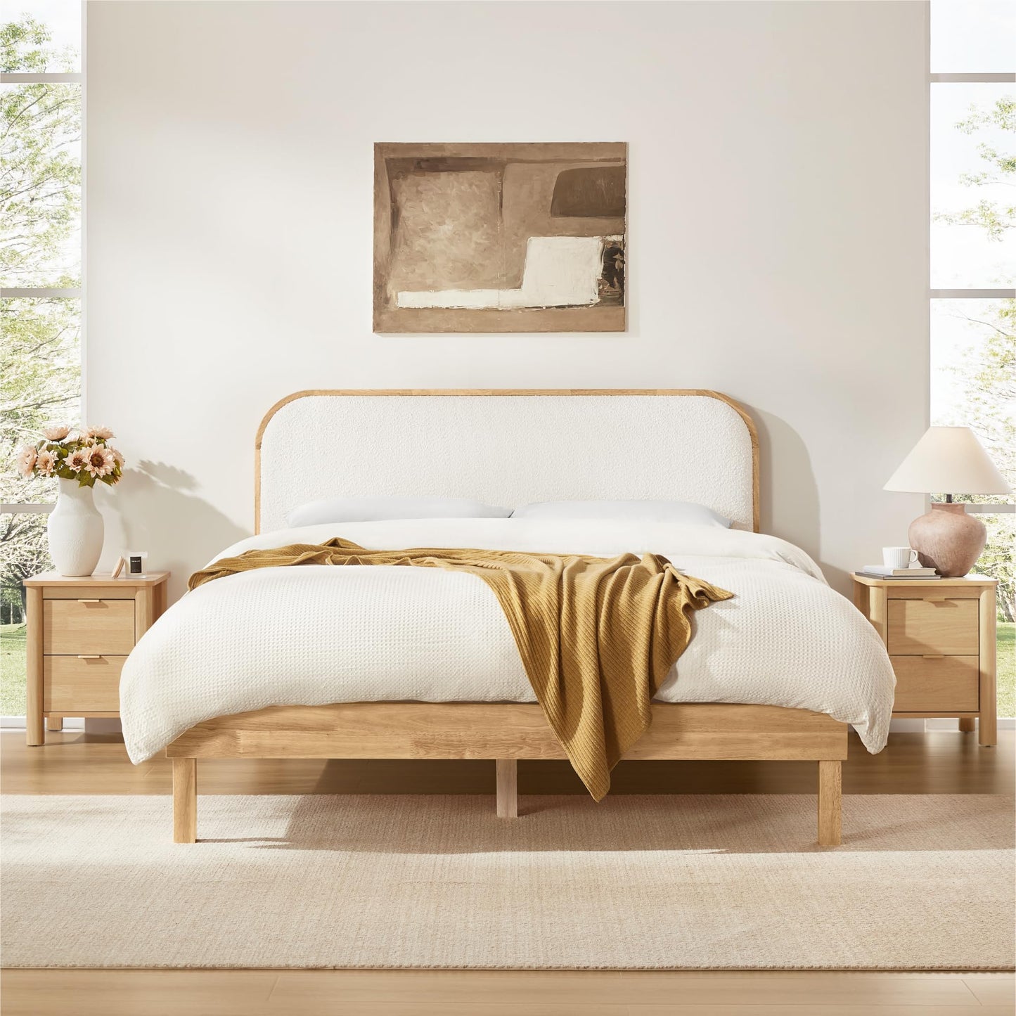 KISLOT Wood Bed Frame with Upholstered Headboard, Mid-Century Boucle Fabric Platform Modern Bed Mattress Foundation Noise-Free No Box Spring Needed Easy Assembly