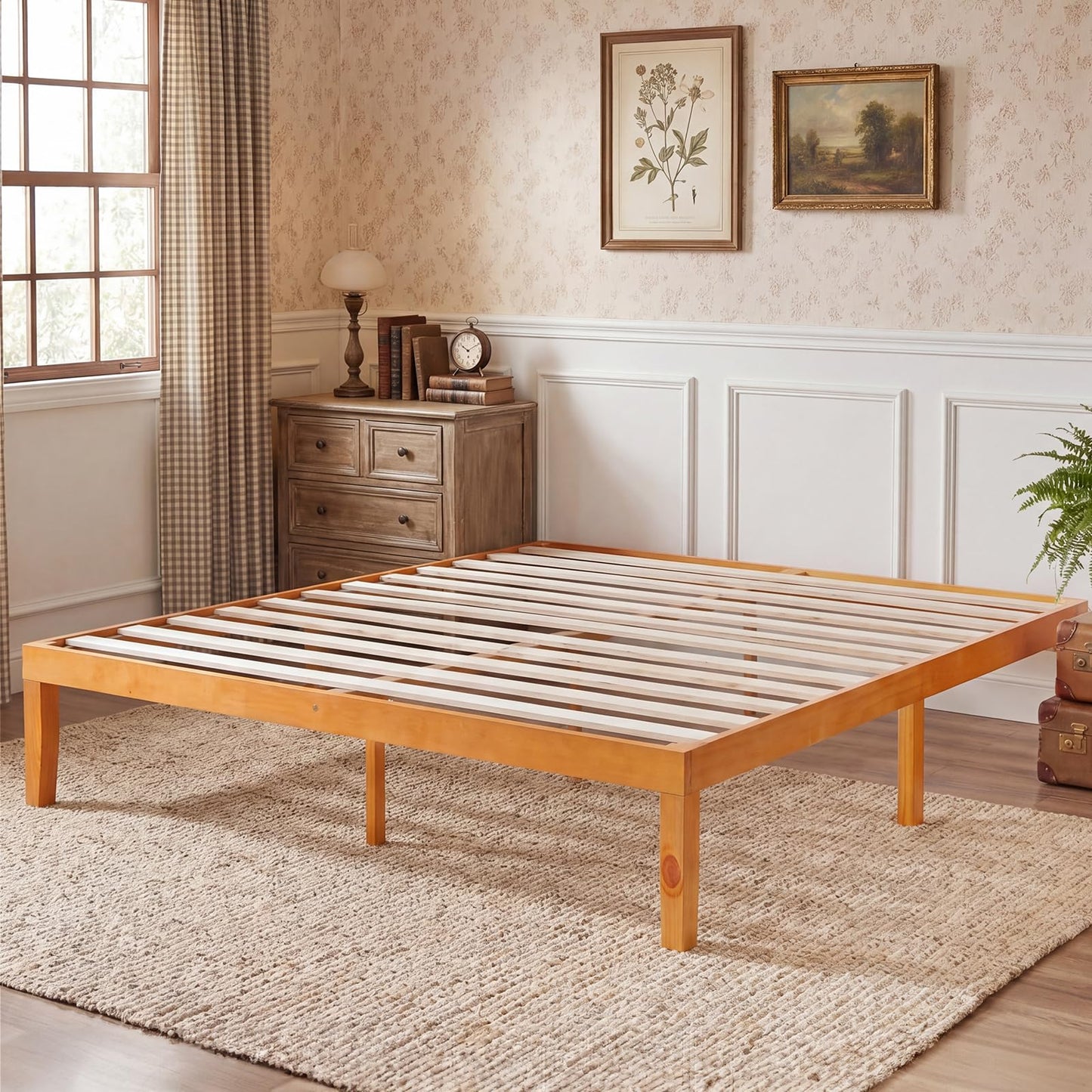 Sweetcrispy King Size Bed Frame 16 inch Heavy Duty Platform Bedframe, 1000 lbs Capacity, Underbed Storage, No Box Spring Needed, Wooden Slats, Easy Assembly with Velcro, Honey Finish