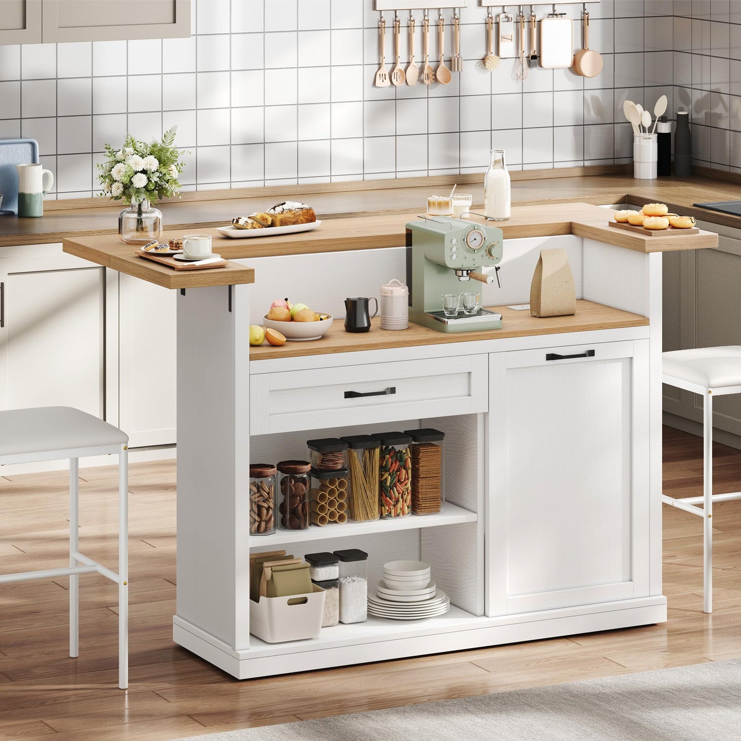 Homiflex Kitchen Island with Storage, Rolling Kitchen Islands with Storage, 55" W Large Island Table, Breakfast Bar Counter with Drop Leaf, Trash Can Cabinet, Power Outlet for Dining Room, White