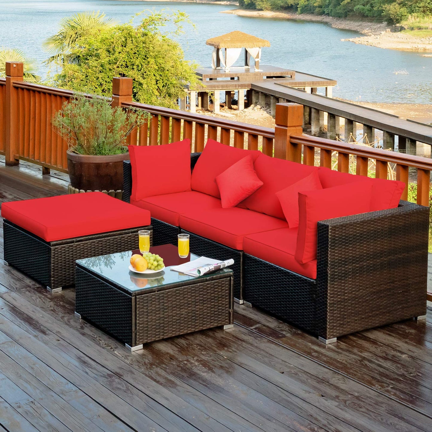 Tangkula 5 Pieces Patio Rattan Furniture Set, Outdoor Sectional Rattan Sofa Set with Back & Seat Cushions, Wicker Conversation Set with Tempered Glass Table for Backyard Porch Poolside (Red)