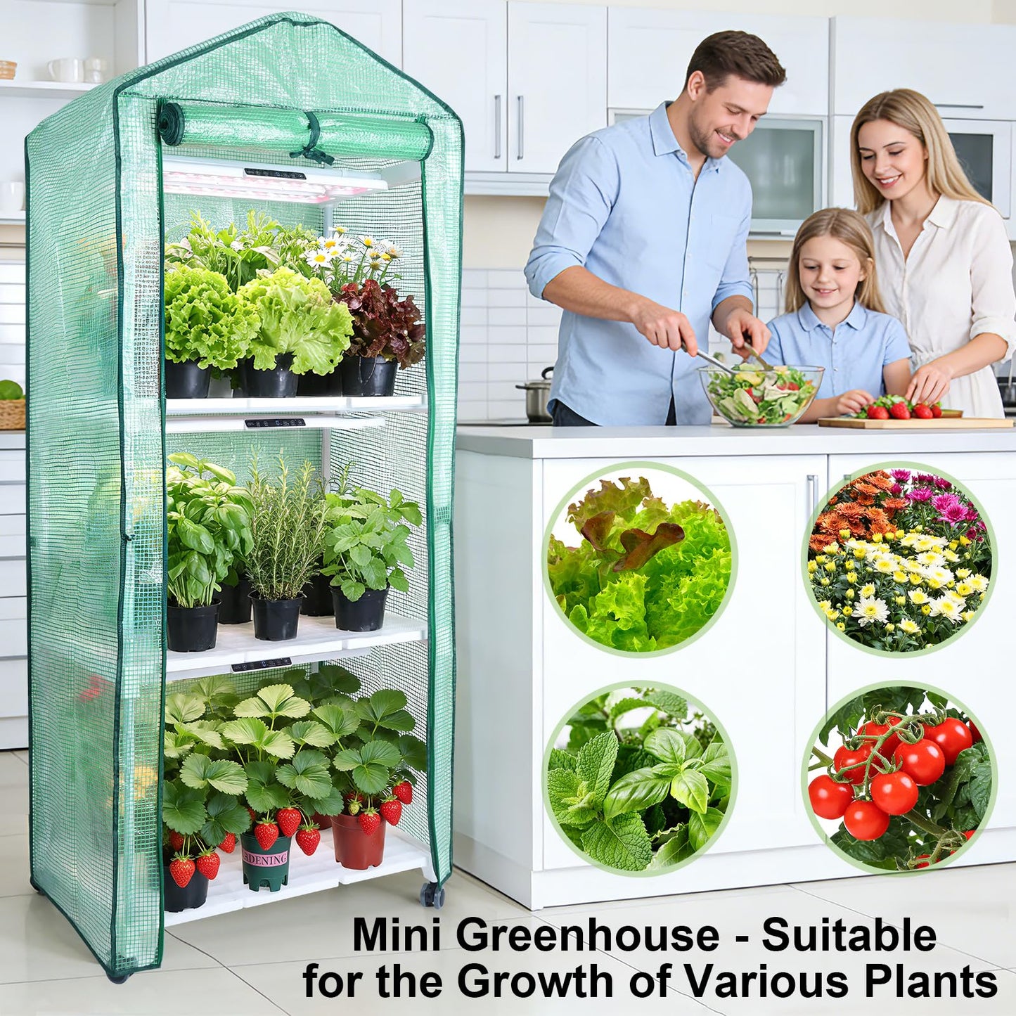 Mini Indoor Greenhouse with Grow Light, 3-Tier Portable Plant Greenhouse Cabinet with Wheels, 36W Full Spectrum LED, Waterproof PVC Tent Cover for Seed Starting, Herbs, Indoor Plants (Green, 3 Tier)