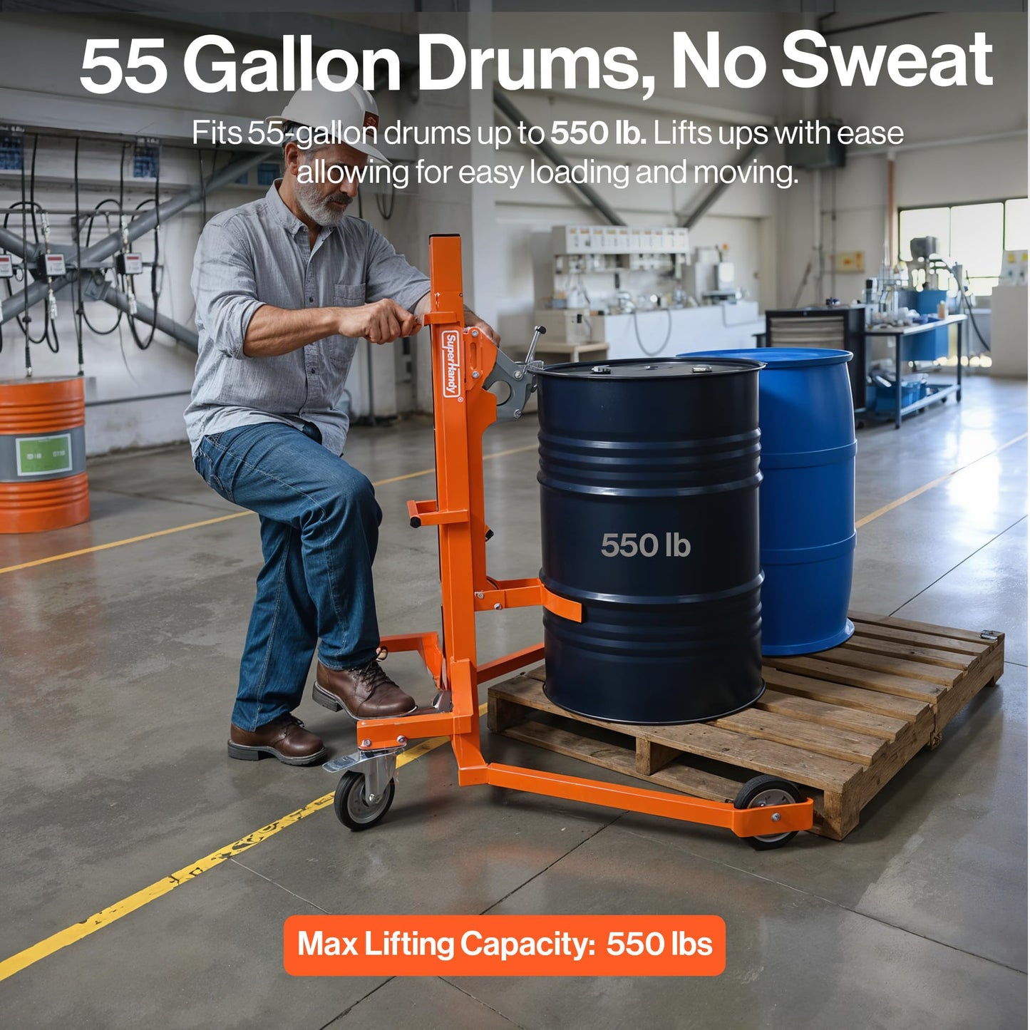 SuperHandy Hydraulic Drum Lift for 55-Gallon Drums – Heavy-Duty Barrel Lifter, 550 LB Capacity, Easy-to-Use Drum Handler with PU Wheels for Warehouse & Industrial Use