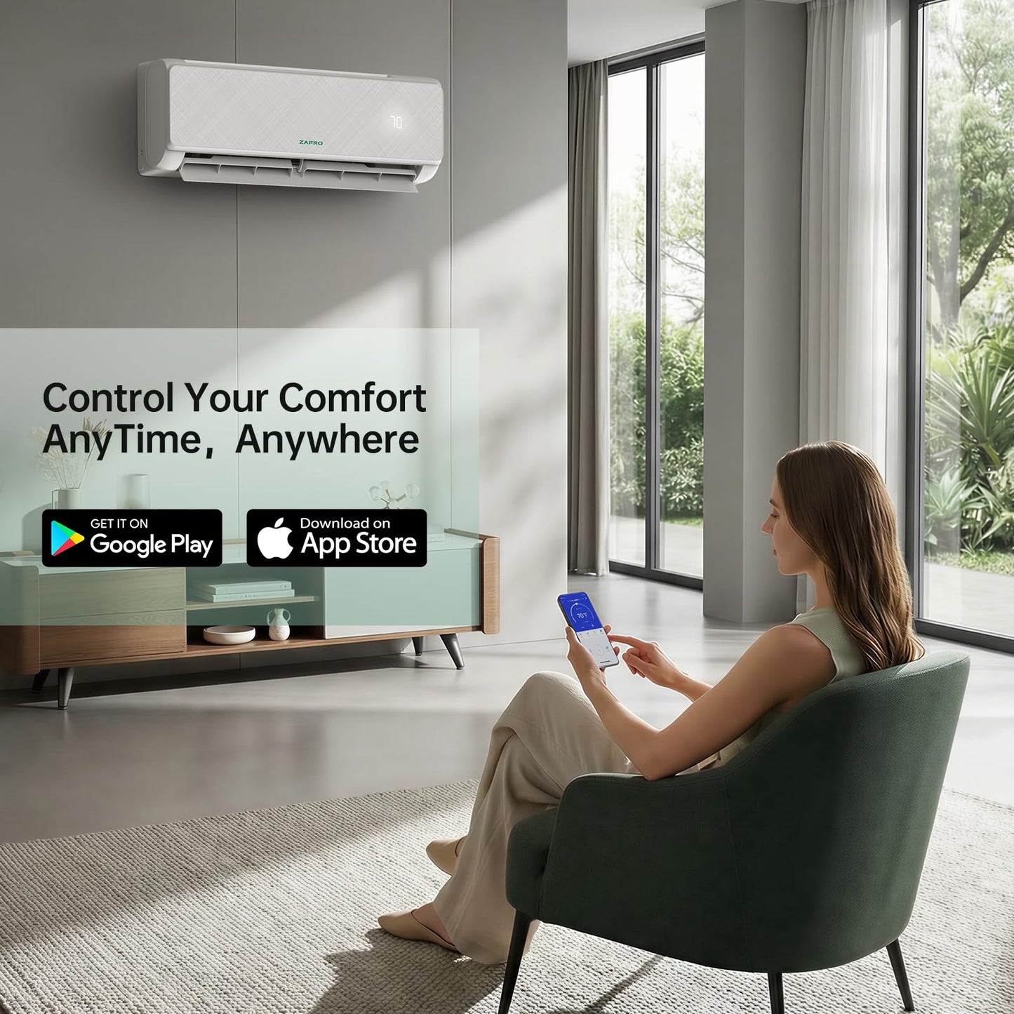 ZAFRO Wifi Enabled Mini Split Air Conditioner & Heater, 9000BTU 115V Inverter Ductless Wall AC Unit with Installation Kit, 24dB Quiet Operation 20.5 SEER2 Pre-Charged Mini Split, Cools Up to 450 Ft²