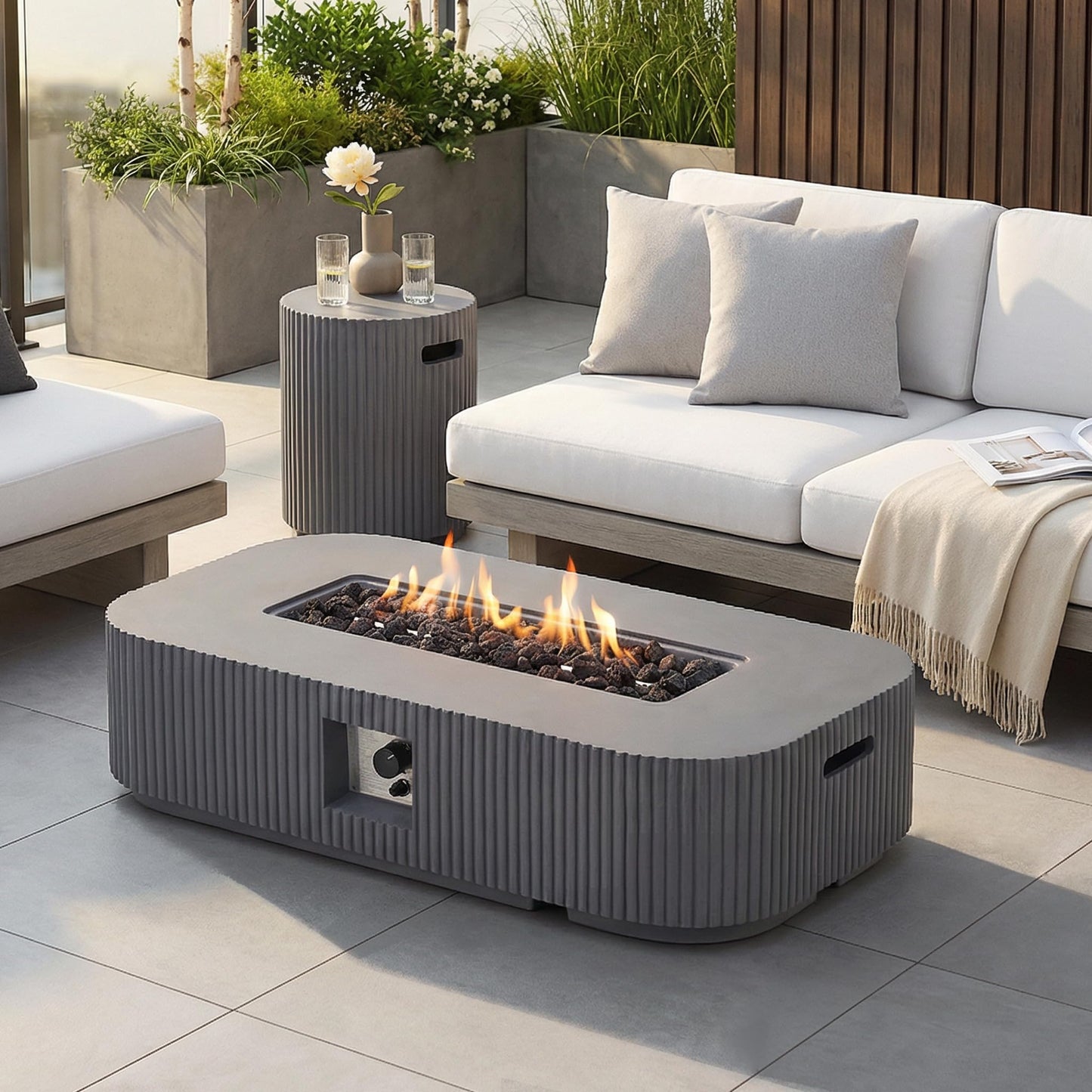 Christopher Knight Home 48.2 Inch Outdoor Rectangular Fire Pit Set with Tank Cover Side Table, MgO Concrete Propane Fire Pit 50000 BTU, Gray Modern Patio Heating Table Set