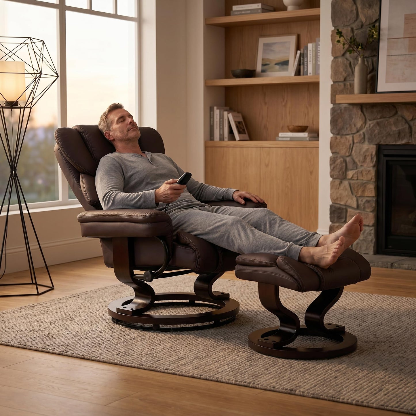 Trygoal Massage Recliner Chair with Ottoman, 360° Swivel Ergonomic Leather Reclining with 8 Vibration & Heating Points, 135° Lounge TV Chair with Bent Wood Base for Living Room and Bedroom, Brown