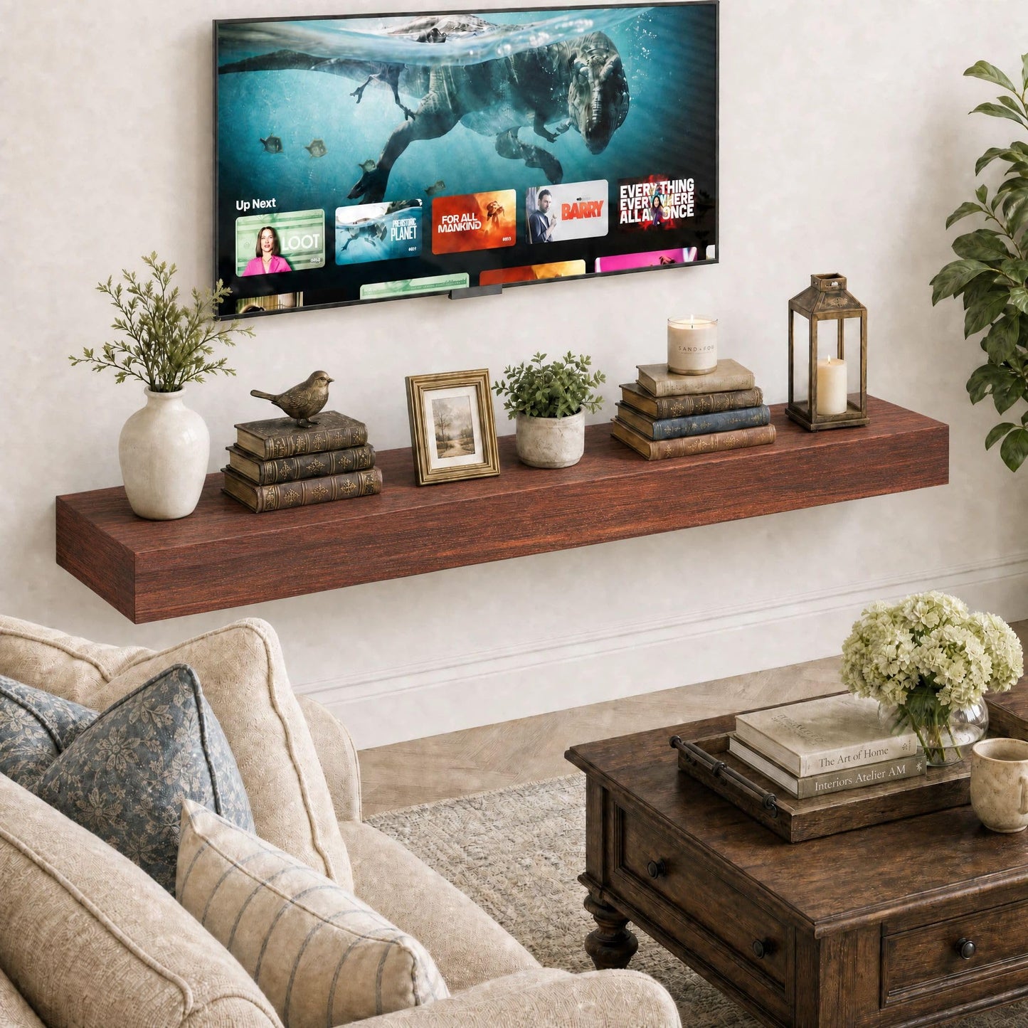 SAUMONIERES Fireplace Mantel Shelves 72 Inch Solid Wood Wall Mounted Long Floating Shelf Hollow, Brown