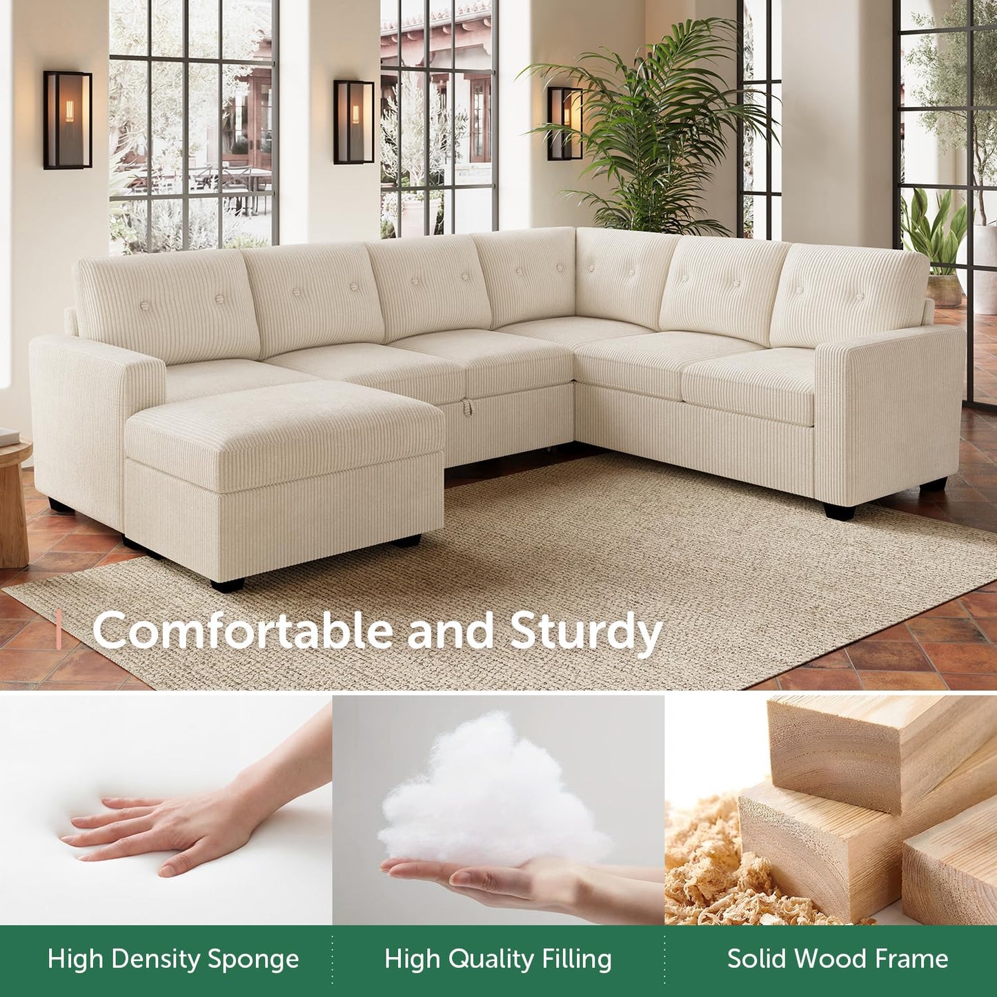 HONBAY 106.2 Inch U-Shaped Sectional Sleeper Sofa with Pull-Out Bed & Storage Ottoman, 7-Seater Sectional Sofa for Living Room, Pet-Resistant Corduroy Couch, Beige
