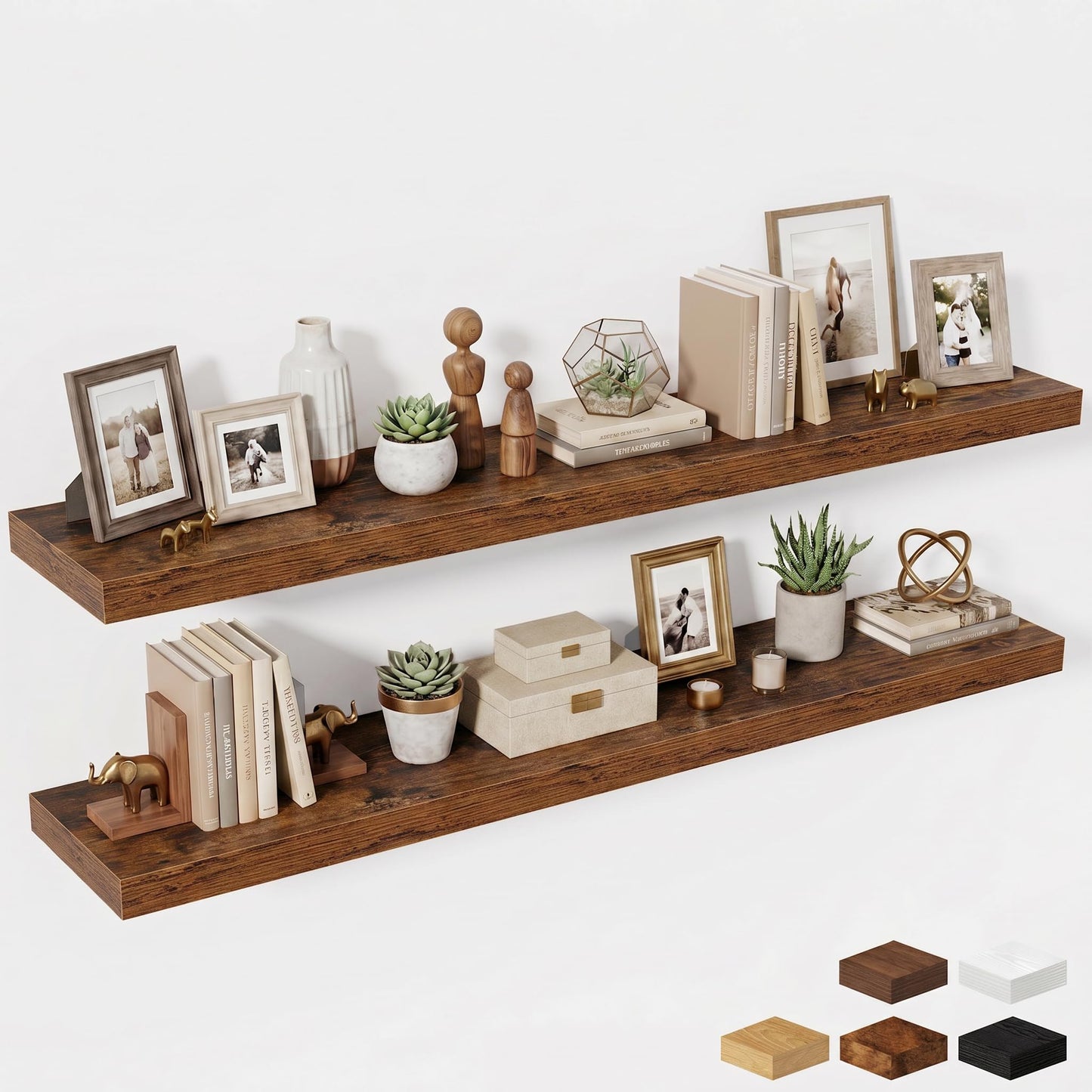 Fun Memories 72 Inch Fireplace Mantel Shelf, 12 Inch Deep Shelves for Display & Wall Storage, Rustic Wood Wall Shelf, Extra Long Floating Shelves for Living Room Laundry Room, Rustic Brown, Set of 2
