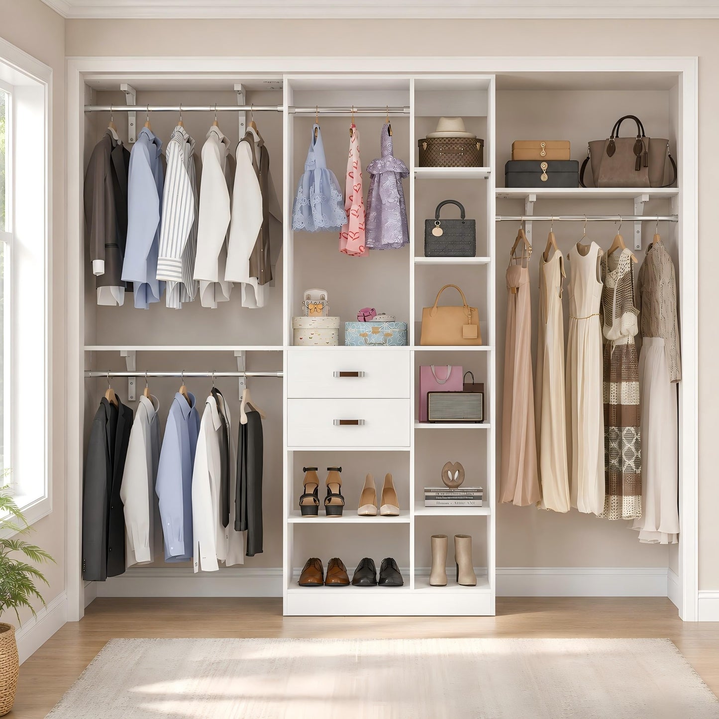Upgraded 96 Closet System with 18 Storage Place, 8FT Closet Organizers System with 13 Shelves and 2 Wooden Drawers, 96'' Walk-in Closet with 4 Hanging Rods, Adjustable Garment Rack, White