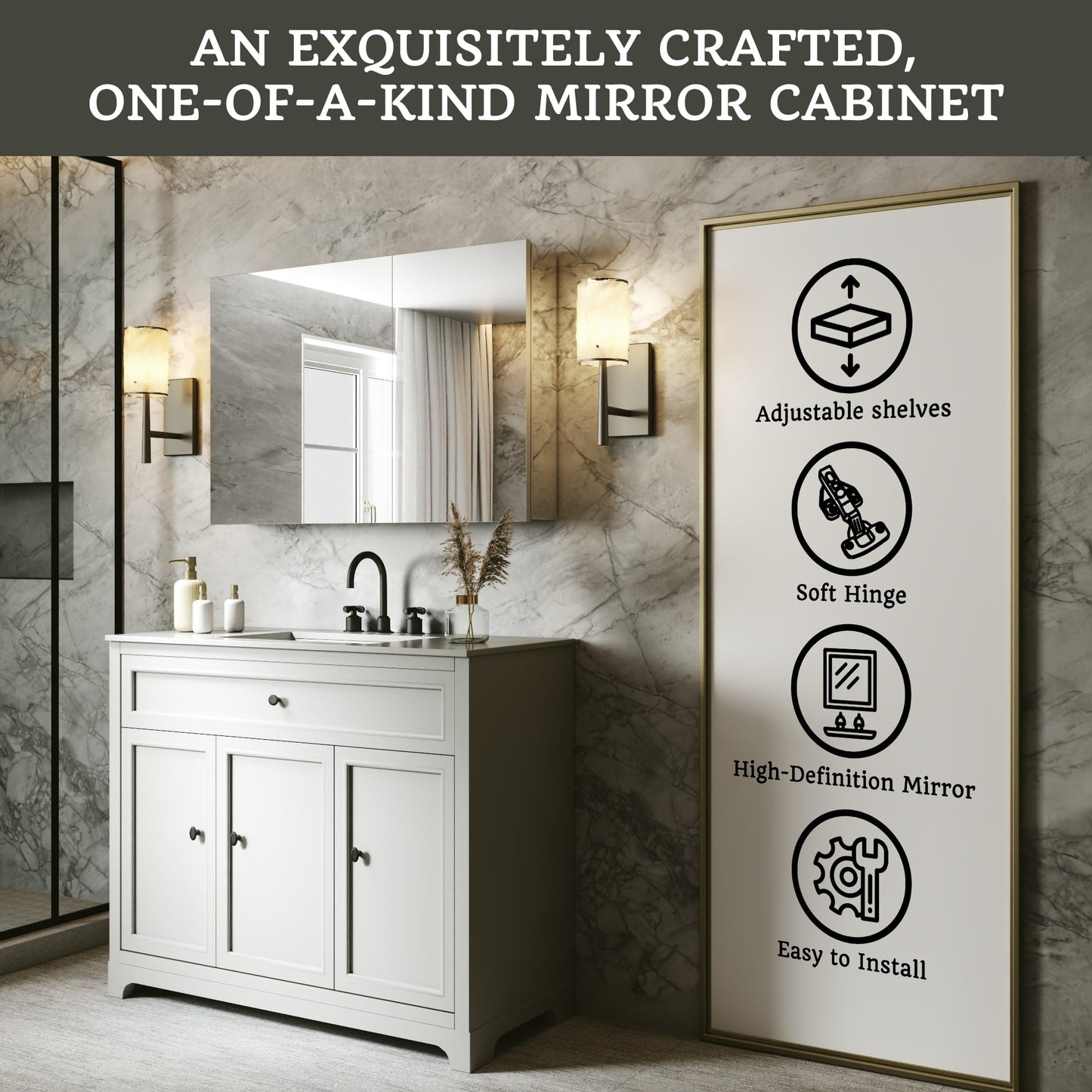 ComfyStyle 36x24 Bathroom Medicine Cabinet with Mirror,Aluminum Alloy Frame with Mirror Side Panels,Surface or Recessed Medicine Cabinet with Adjustable Shelves,Assembly Required