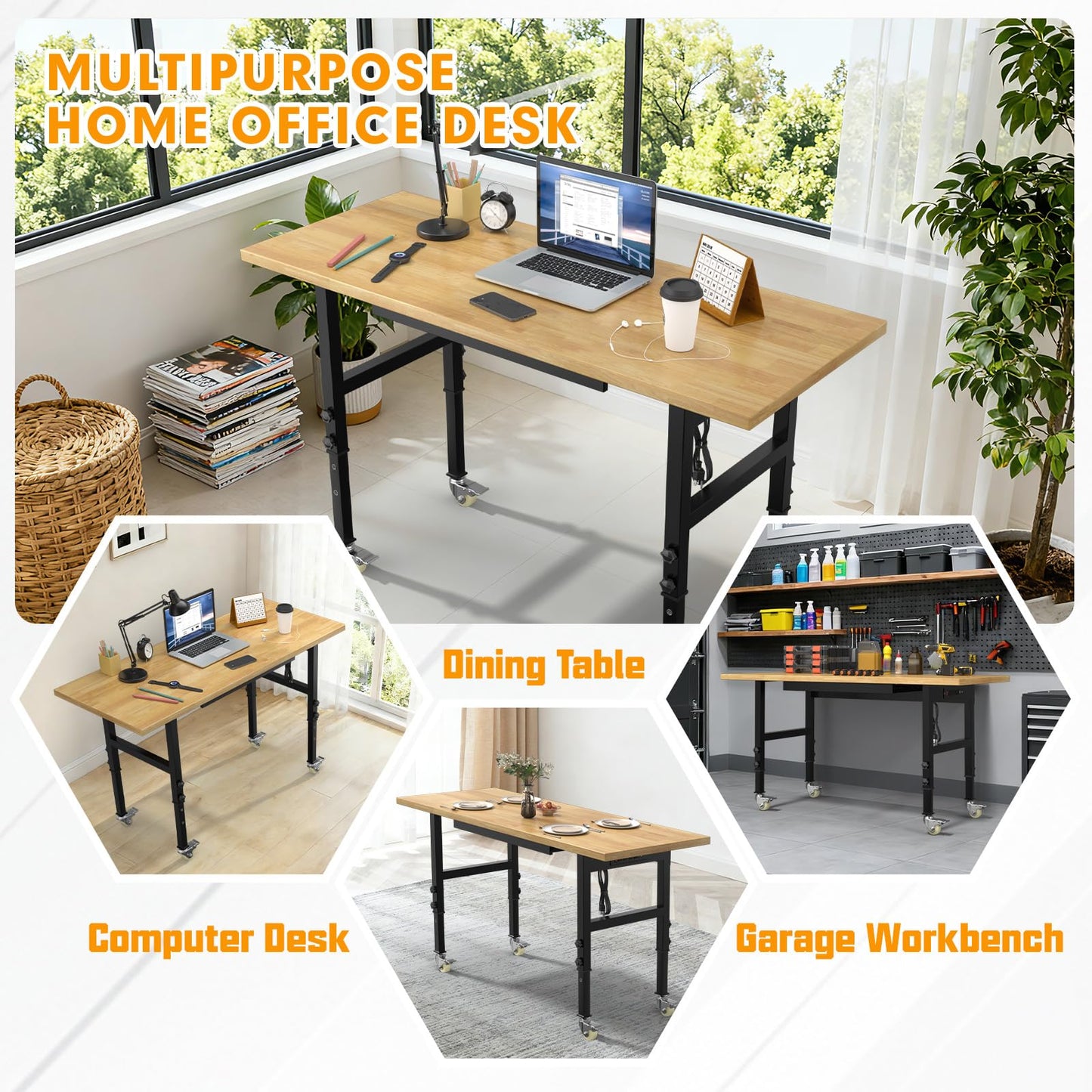60" Adjustable Workbench,Heavy-Duty Work Table,3000 LBS Load Capacity Hardwood Workstation Outlets with Power Strips, Drawers and Wheels,for Workshop, Garage