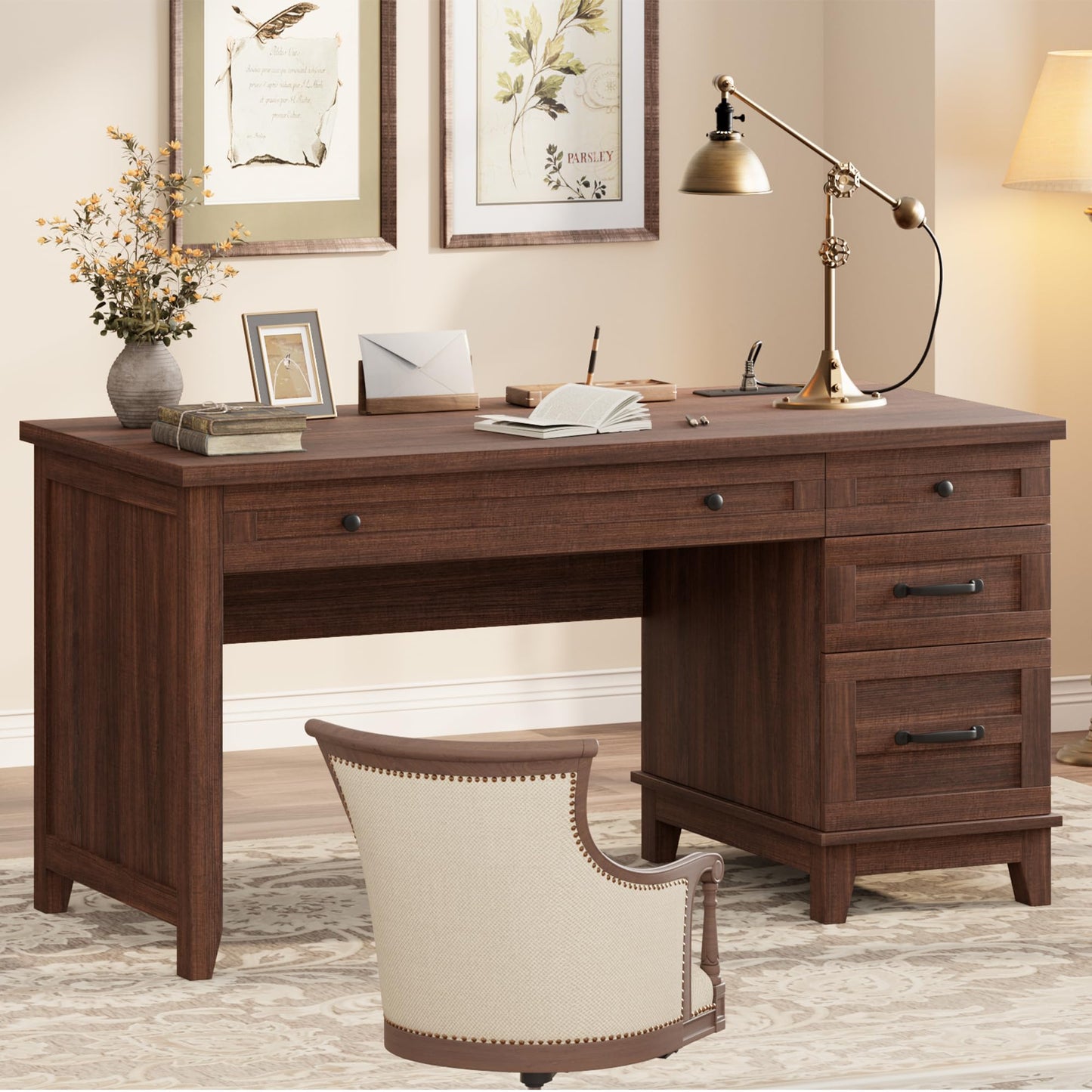 Garvee 53.5" Wooden Home Office Desk with File Drawers, Executive Desk with Power Outlet, Farmhouse Wood Desk with Storage, Distressed Study and Work Table, Rustic Brown