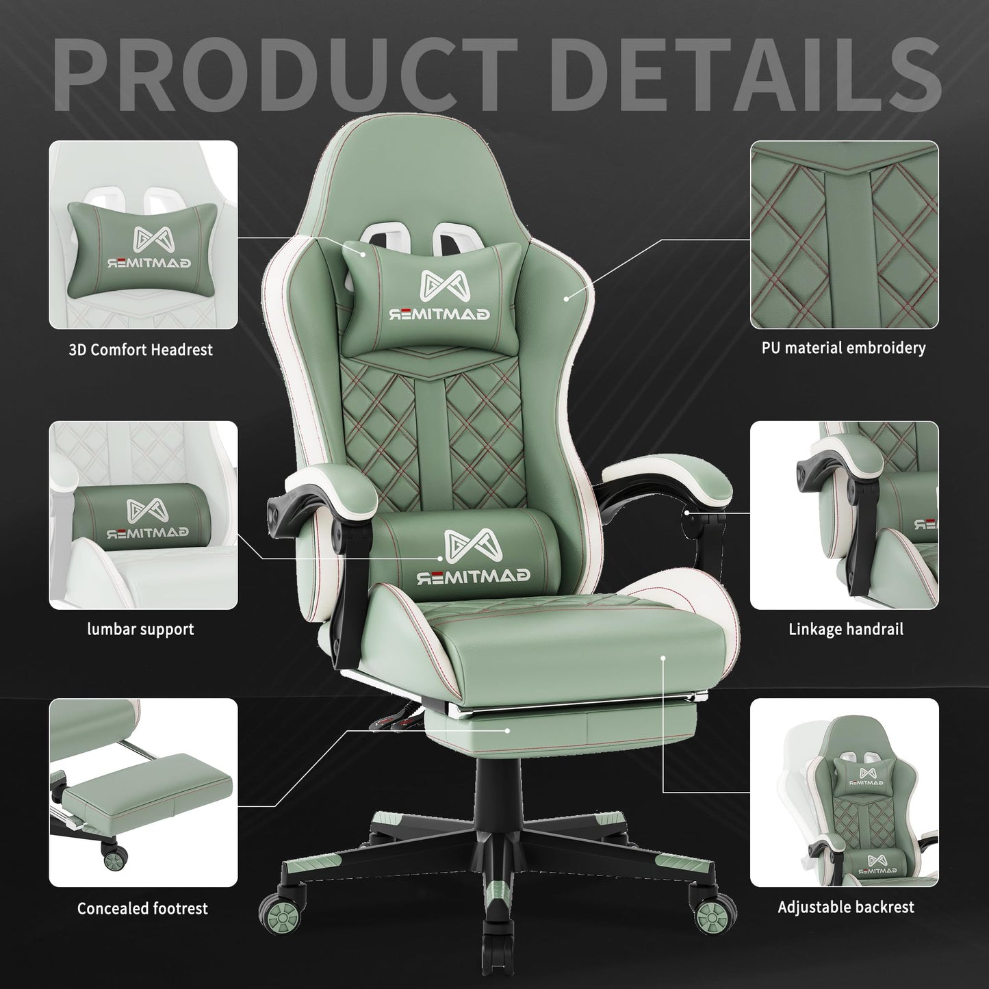 Gamtimer Gaming Chair, 400 lbs Adult Chair, High Back Computer Chair with Footrest and Linked Armrests, Office Video Game Chair with Lumbar Support (Green)