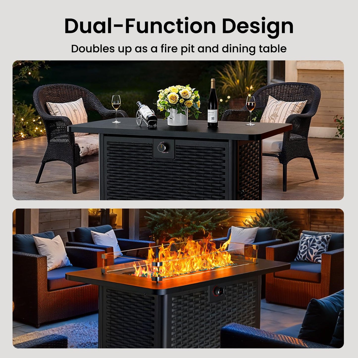 Ciays 43" Rectangular Propane Fire Pit with RGB Lighting Strip – 60,000 BTU Gas Fire Pit Table, Glass Stones, Wind Guard, Adjustable Flame, Outdoor Fire Pit for Patio & Garden, Black