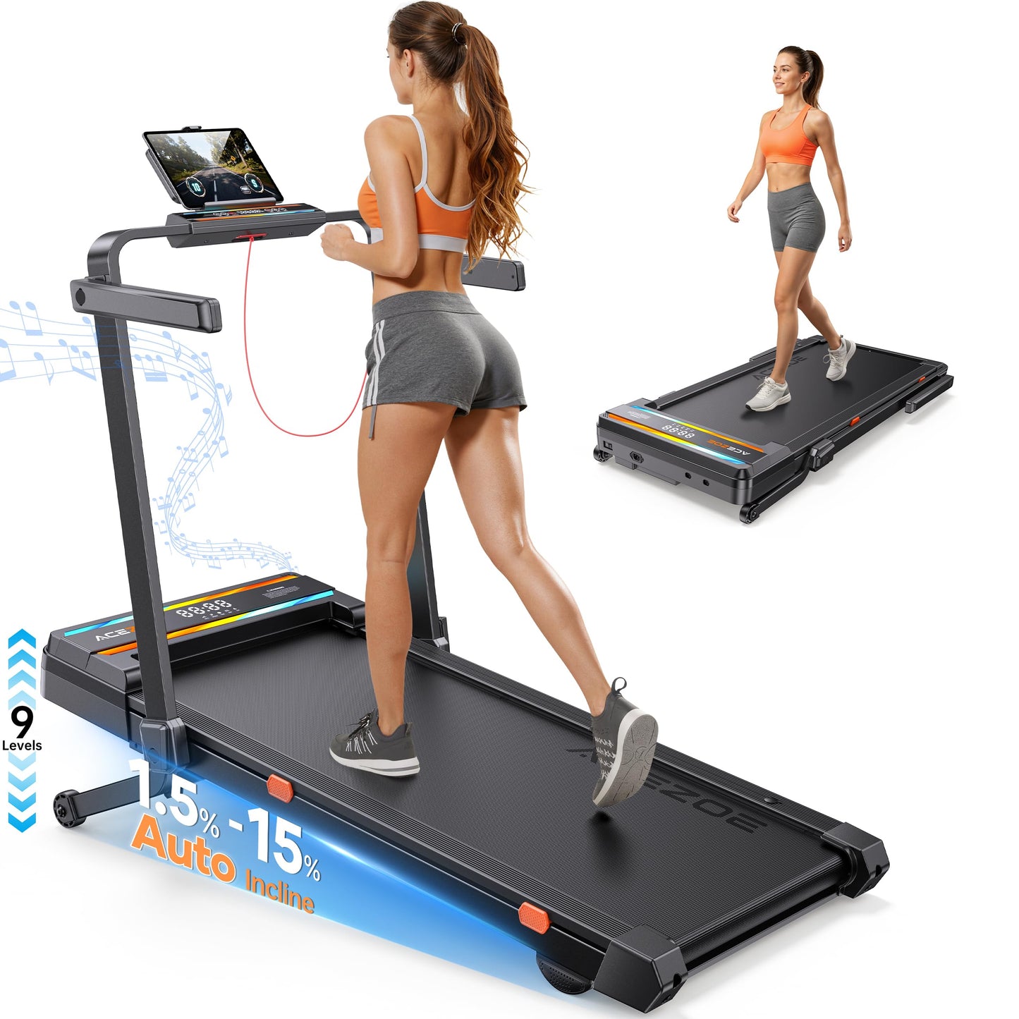Foldable Walking Pad with 0-15% 9-Levels Auto Incline and Handle Bar, Under Desk Treadmill with 300LBS Weight Capacity, 3.0HP Quiet Treadmills for Home with Speaker, APP & Remote Control - Blue Orange
