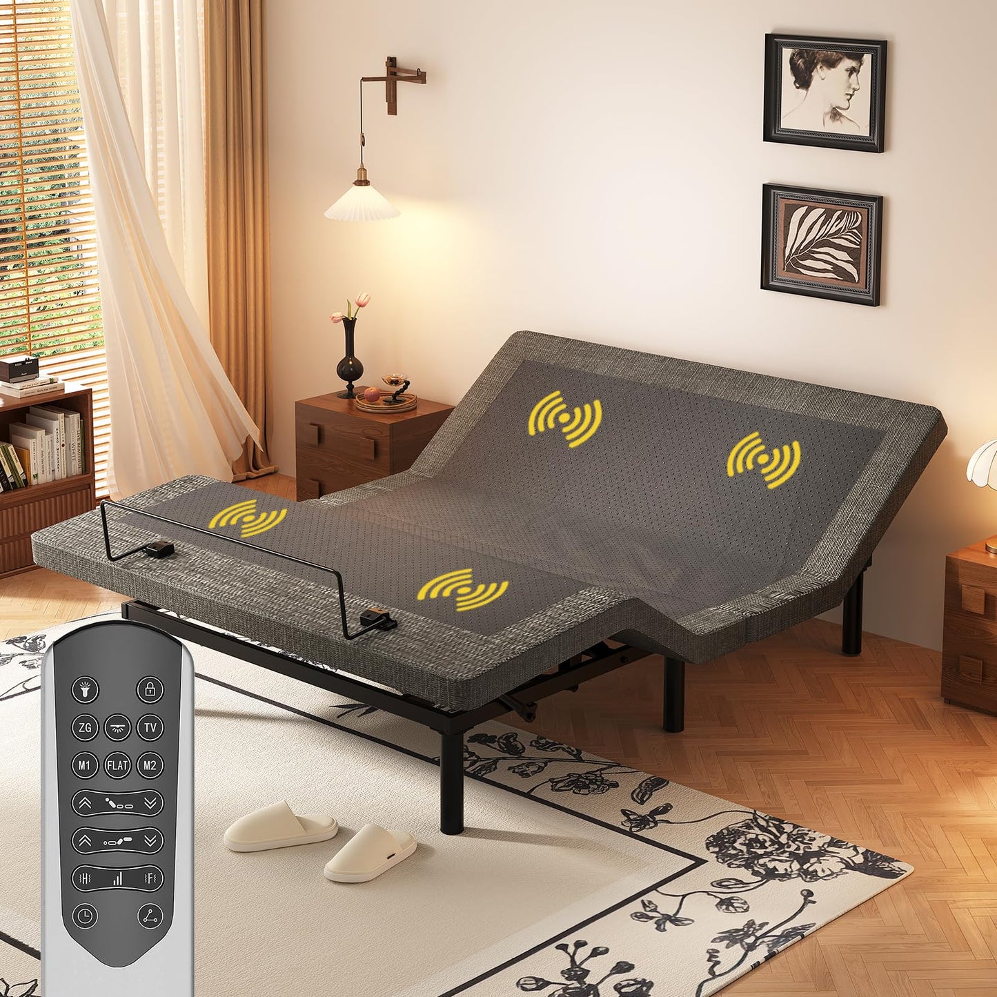 MULIN Full Size Smart Massage Bed Base, Electric Adjustable Frame with 6-Vibration Modes, Head & Foot Incline, 2 USB Ports, Flashlight, Storage Shelf & Remote