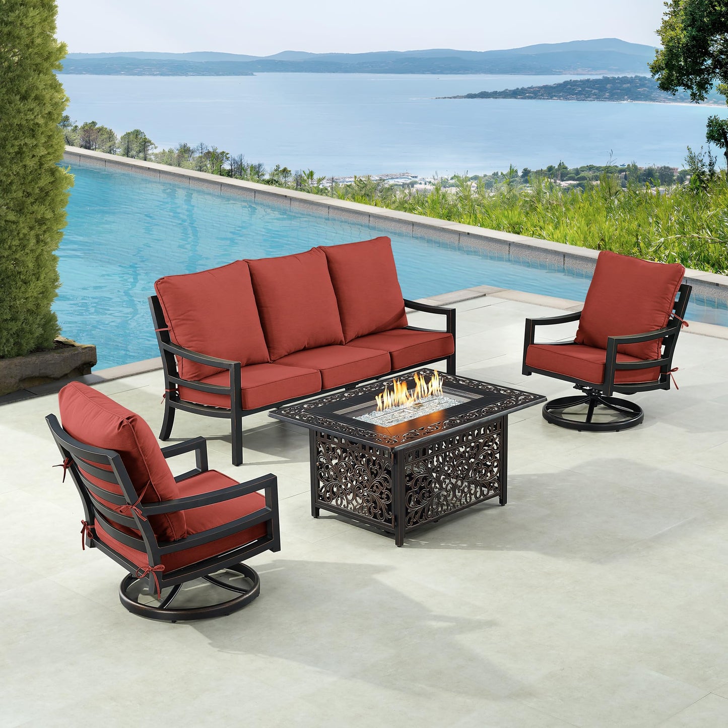 Oakland Living Black Aluminum Patio Fire Table Set with Deep Seating Sofa with Cushions and Two Club Chairs with Red Cushions