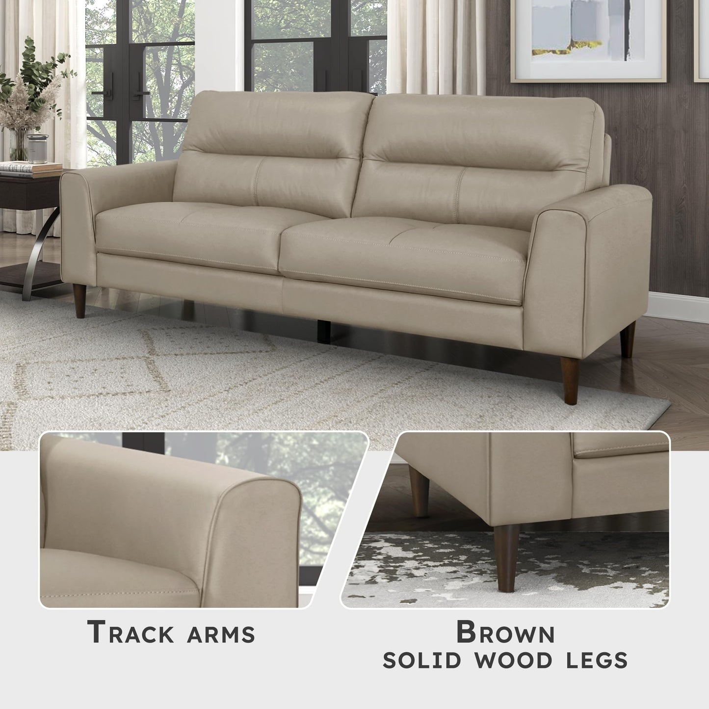Lexicon Leather Match Couch Sofa, Modern Oversized Sofa, Solid Wood Legs, Top Grain Leather 3 Seater Couch for Living Room, Bedroom, Office, Apartment, Waiting Room, Latte