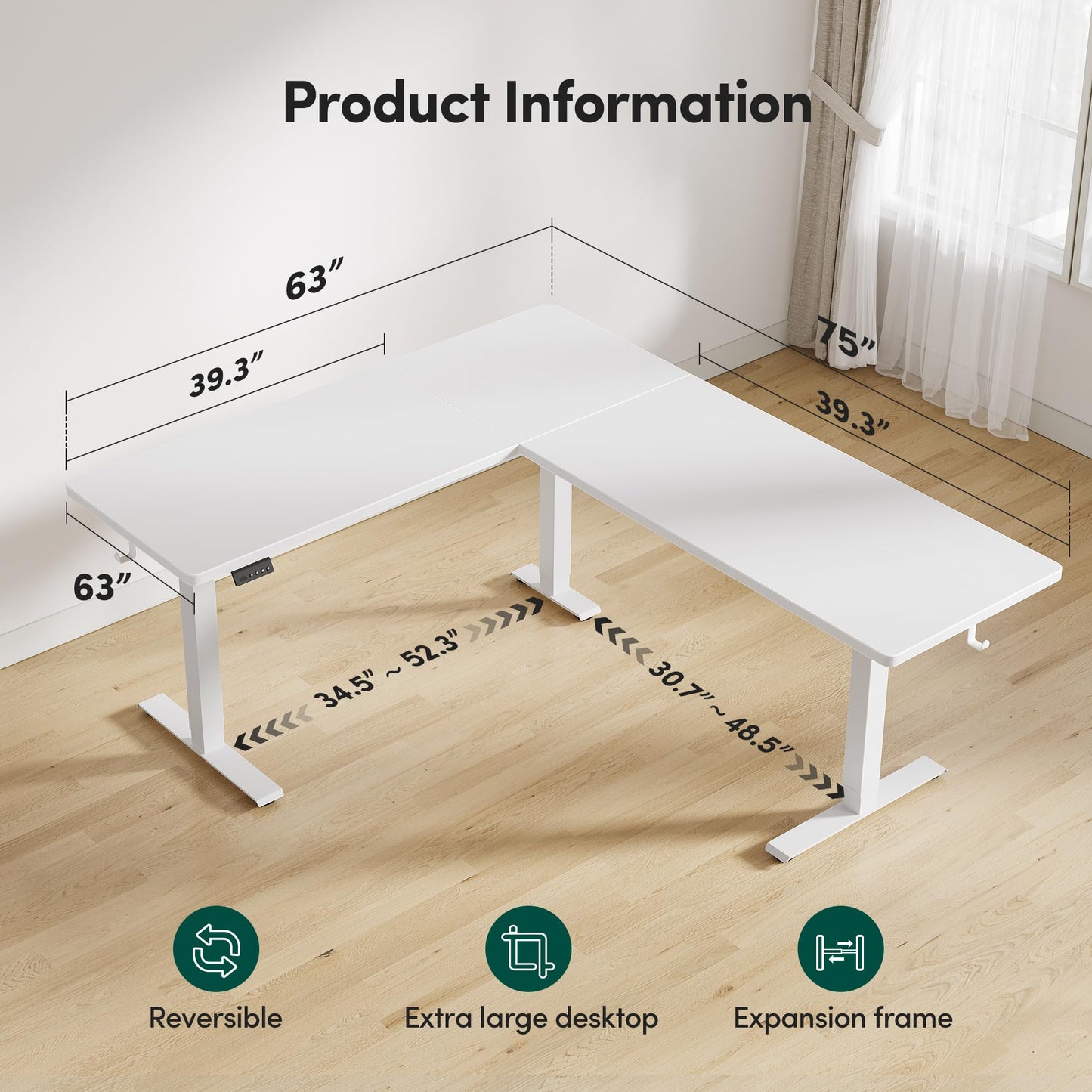 BANTI L-Shaped Standing Desk - 75 x 63 Inch Adjustable Corner Standing Desk with Charging Station - L Shape Sit Stand Table with Memory Controller, Splice Board for Home Office, White