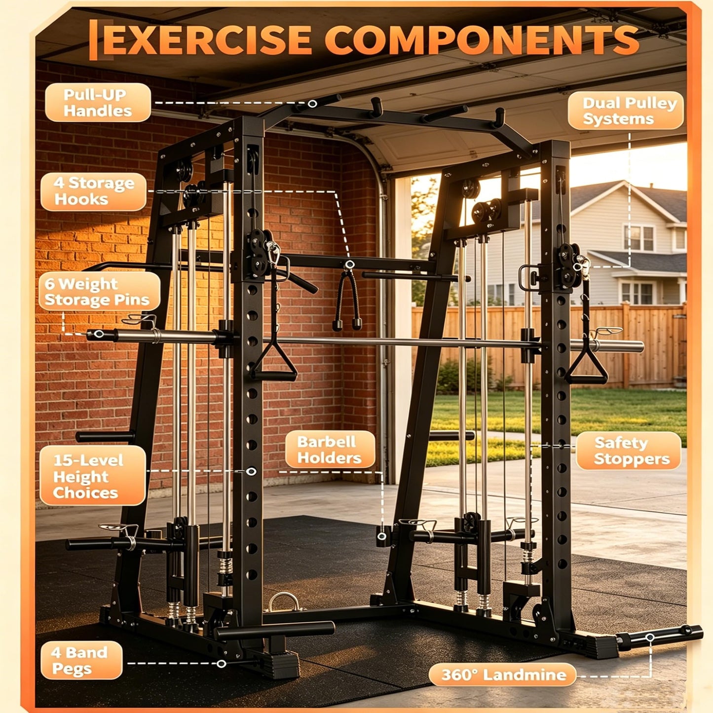 Smith Machine All-in-1 Home Gym, 2000 LBS Capacity Power Cage with Dual Independent Pulley System, 360° Landmine, Pull-Up Bar & Weight Storage – Heavy Duty Full Body Workout Station for Home & Garage