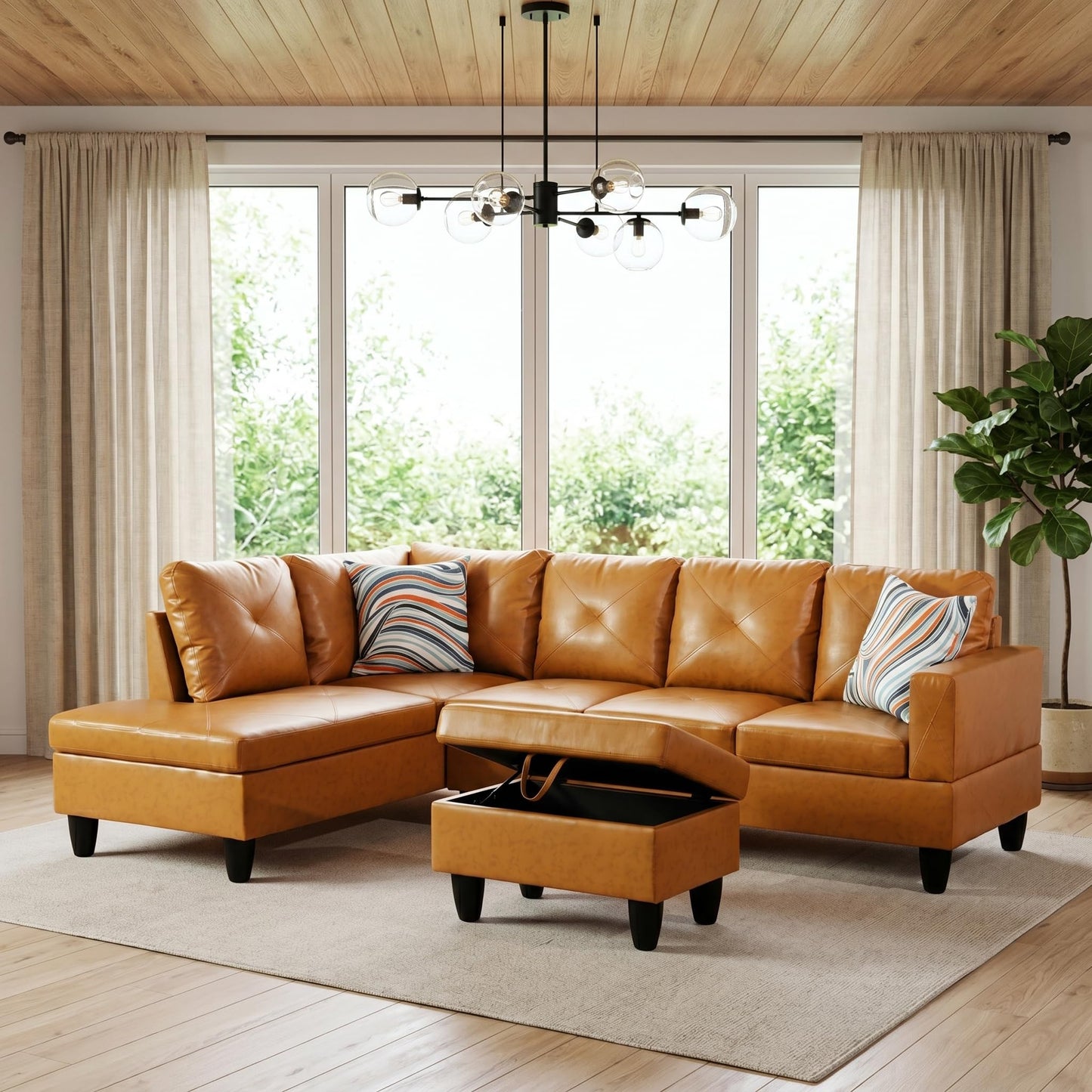 Topcomfy Leather L Shaped Sectional Couches for Living Room - 97.5“ x 66.5" Modular Sectional Sofa with Storage Ottoman, 4 Seat Home Sofa Living Room Furniture Sets with Chaise for Apartment, Ginger