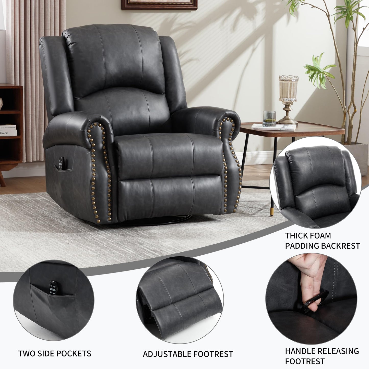 GDFStudio Heat Massage Swivel Rocker Recliner Chair, Manual Fabric Recliner with 360° Swivel, Rocking Function, Lumbar Heat and 8-Point Massage, Overstuffed Living Room Reclining Chair, Grey