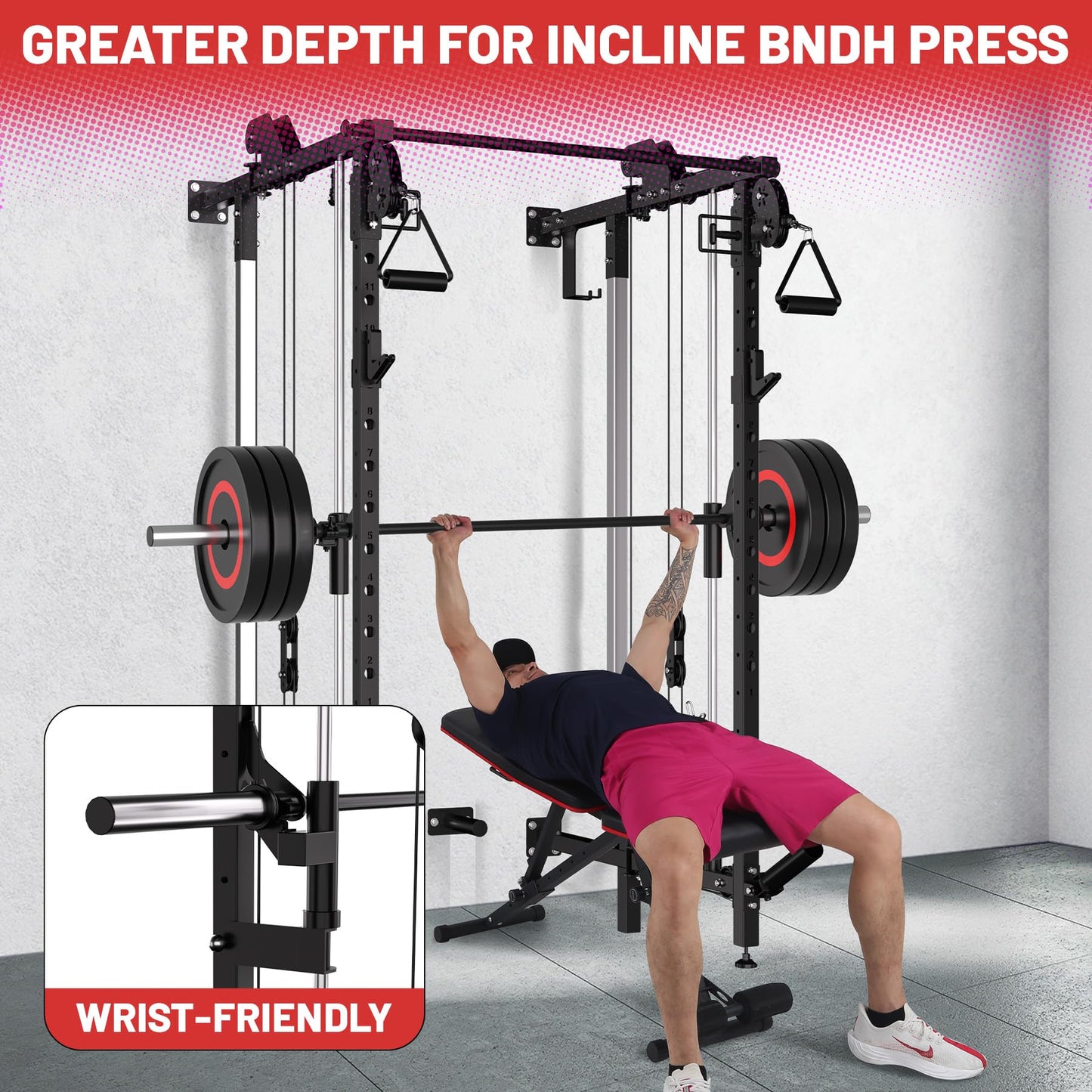 Garvee Wall Mount Smith Machine, Folding Power Rack with Independent Dual Pulley System, Multi-Function Squat Rack, Heavy Duty Power Cage Workout Equipment for Home Gym Strength Training